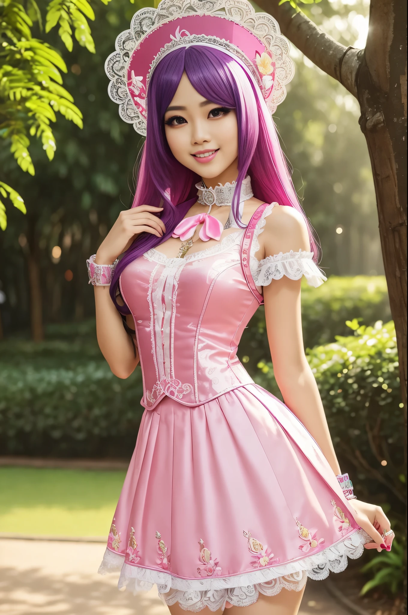 sexy stylish Thai model, only 1 female, long neon pink stylish hair, very detailed Victorian-Style boots, (big smile), very detailed eyes, lipgloss, long lashes, defined eyebrows, ((sexy Paradise Kiss cosplay)), bell-shaped skirt, petticoats, high neckline, puffed sleeves, (( very detailed lace)), ((very detailed embroidery)), intricate details, Paradise Kiss accessoires and matching headpiece, choker, ((large sparkling Paradise Kiss jewelry)), cinematic light, detailed large park background with trees