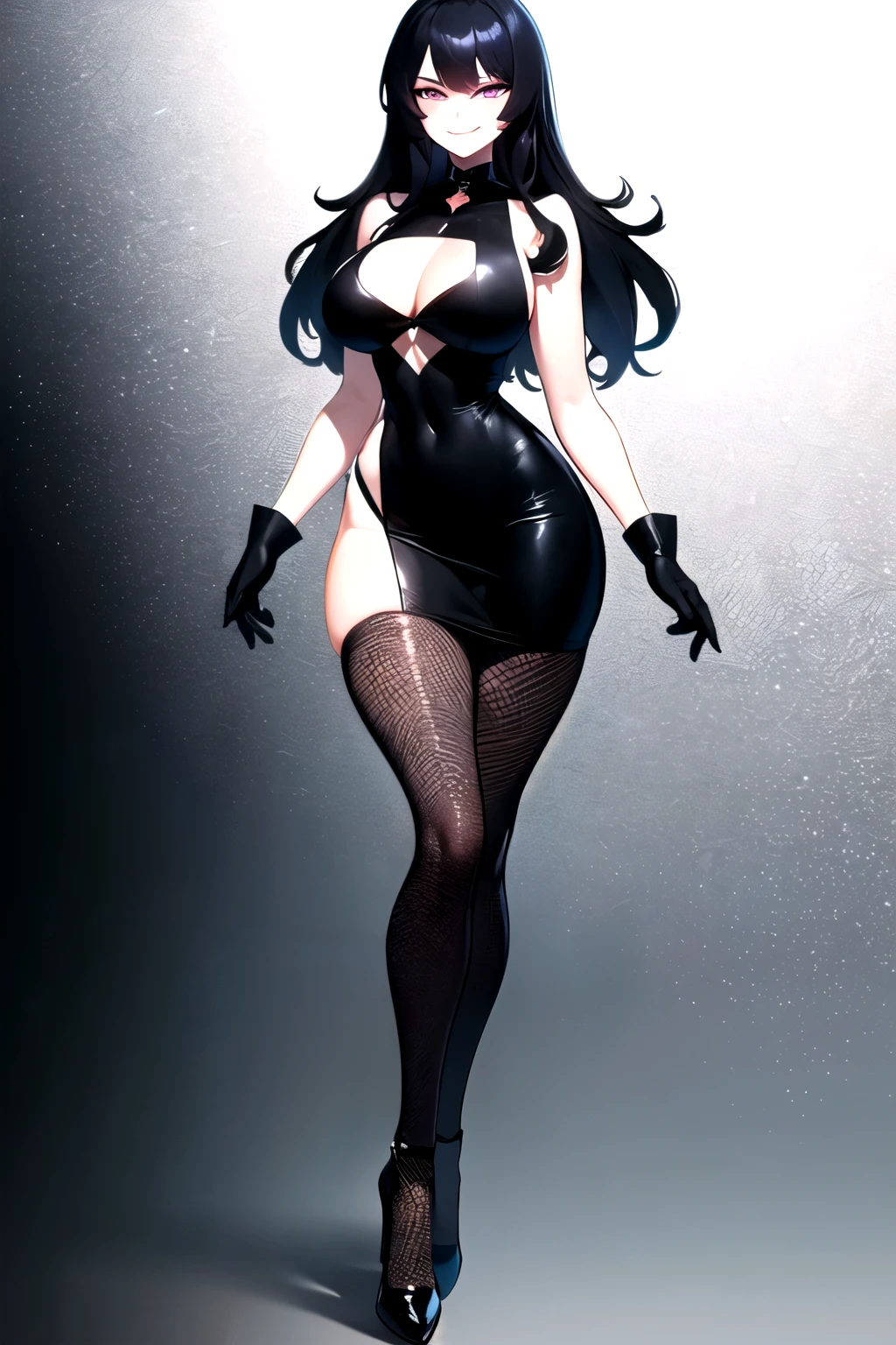 (( Tall woman with an impeccable figure, perfect hips and breasts,)), ((wearing a black tight dress, high black heels and black fishnet tights, black gloves, violet menacing eyes and a bright confident smile)), ((stands against a black and white gradient background)), ((in detail, perfect graphics))