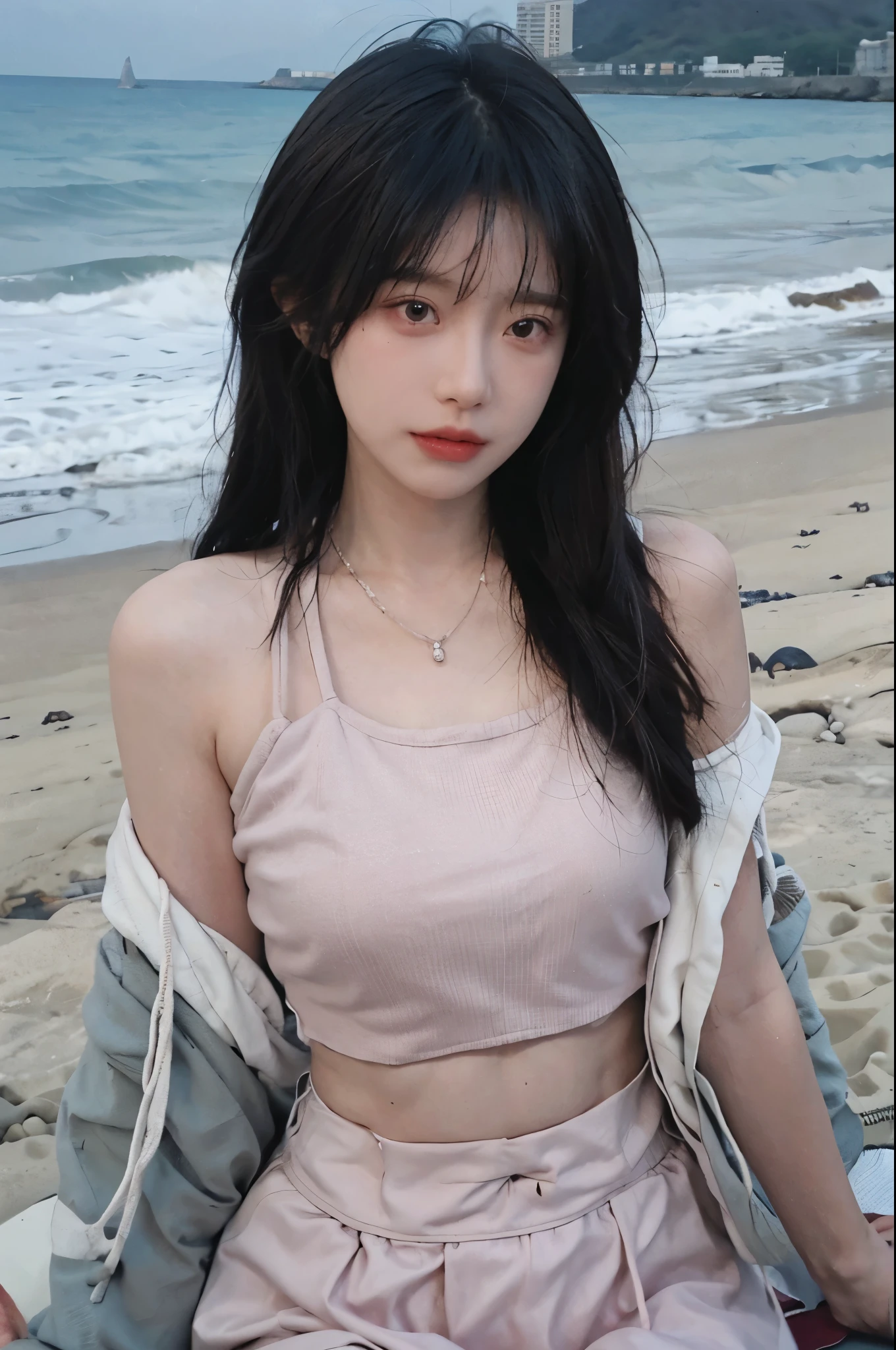 Best quality,Ultra-high resolution,(lifelike:1.4),Cute hairpin,1girll,Long curly hair,jk,Blush,Slim beauty:1.4,Visible abdominal muscles,on the beach,Ultra-fine face,Exquisite eyes,Double eyelids,necklace
