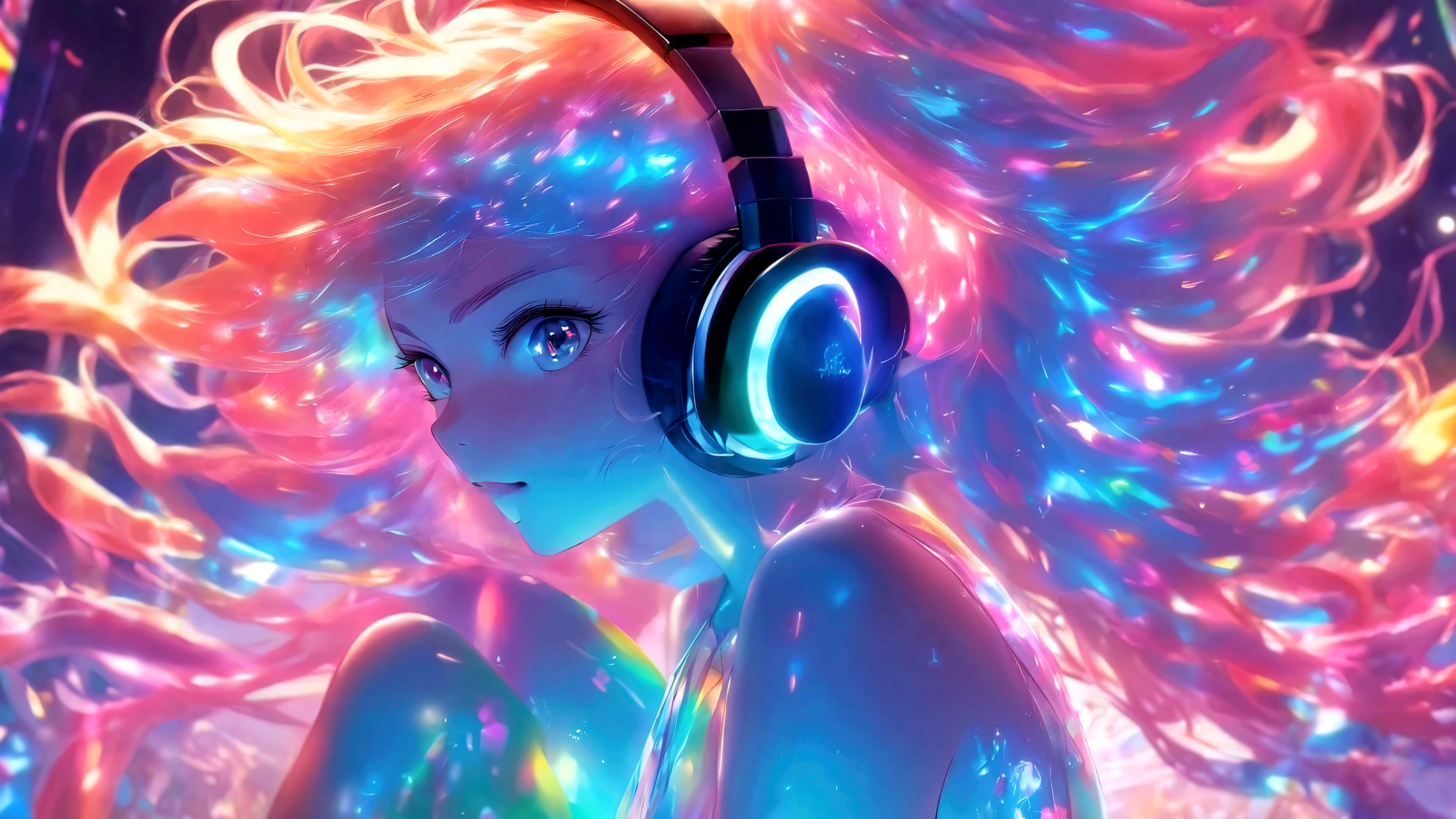 Transparent color PVC clothing, Transparent colorful vinyl Bunny girl, Prismatic, Holographic, chromatic aberration, Fashion Illustration, masterpiece, DJ Girl, View Viewer, 8k, Super detailed, Pixiv、((Colorful Hair))、Wearing headphones、((Full Body))、((Strike a Pose))、((Bunny girl))、(((Long legs)))、((Big Breasts))、(((Accurate body line)))