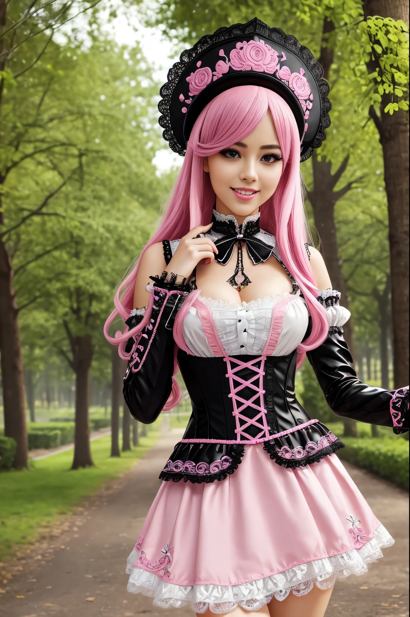 sexy stylish Thai model, only 1 female, long neon pink stylish hair, very detailed Victorian-Style boots, (big smile), very detailed eyes, lipgloss, long lashes, defined eyebrows, ((sexy Paradise Kiss cosplay)), bell-shaped skirt, petticoats, high neckline, puffed sleeves, (( very detailed lace)), ((very detailed embroidery)), intricate details, Paradise Kiss accessoires and matching headpiece, choker, ((large sparkling Paradise Kiss jewelry)), cinematic light, detailed large park background with trees