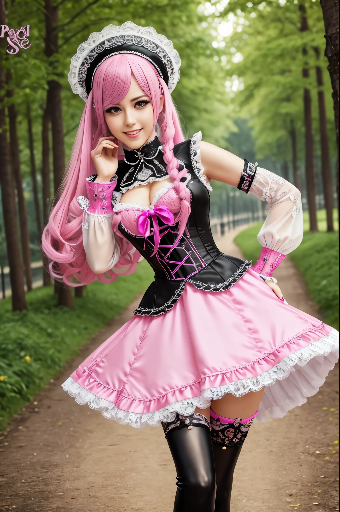 sexy stylish Swedish model, only 1 female, long neon pink stylish hair, very detailed Victorian-Style boots, (big smile), very detailed eyes, lipgloss, long lashes, defined eyebrows, ((sexy Paradise Kiss cosplay)), bell-shaped skirt, petticoats, high neckline, puffed sleeves, (( very detailed lace)), ((very detailed embroidery)), intricate details, Paradise Kiss accessoires and matching headpiece, choker, ((large sparkling Paradise Kiss jewelry)), cinematic light, detailed large park background with trees 