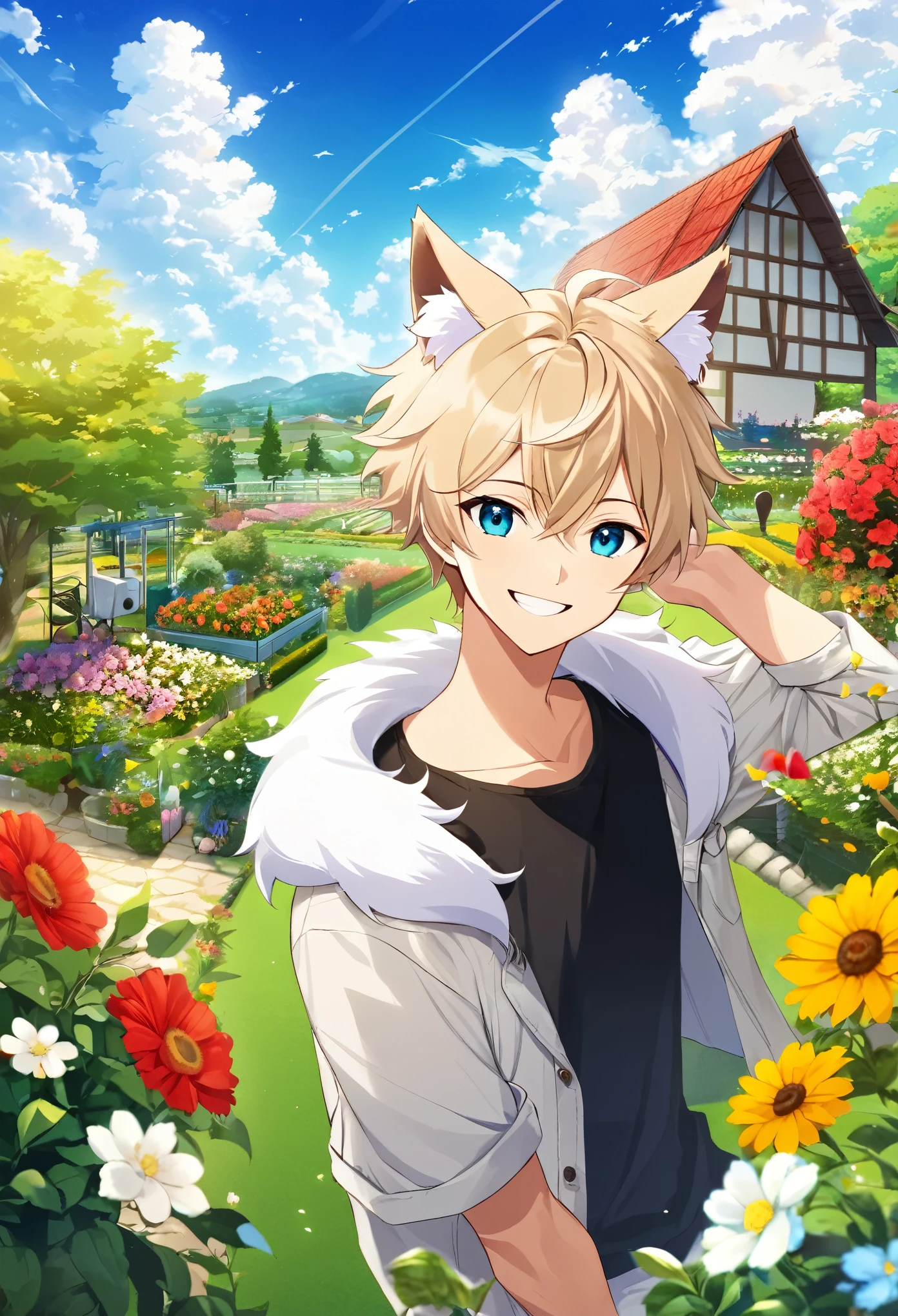 top quality, highres, High-quality illustrations, unparalleled masterpiece(movie of life)farm, Blue sky, clouds, florals Beautiful garden(furry anthro, solo, boy, casual fashion, Relux pose, Smile)absurdres, perfect anatomy, anime style, dynamic angle,