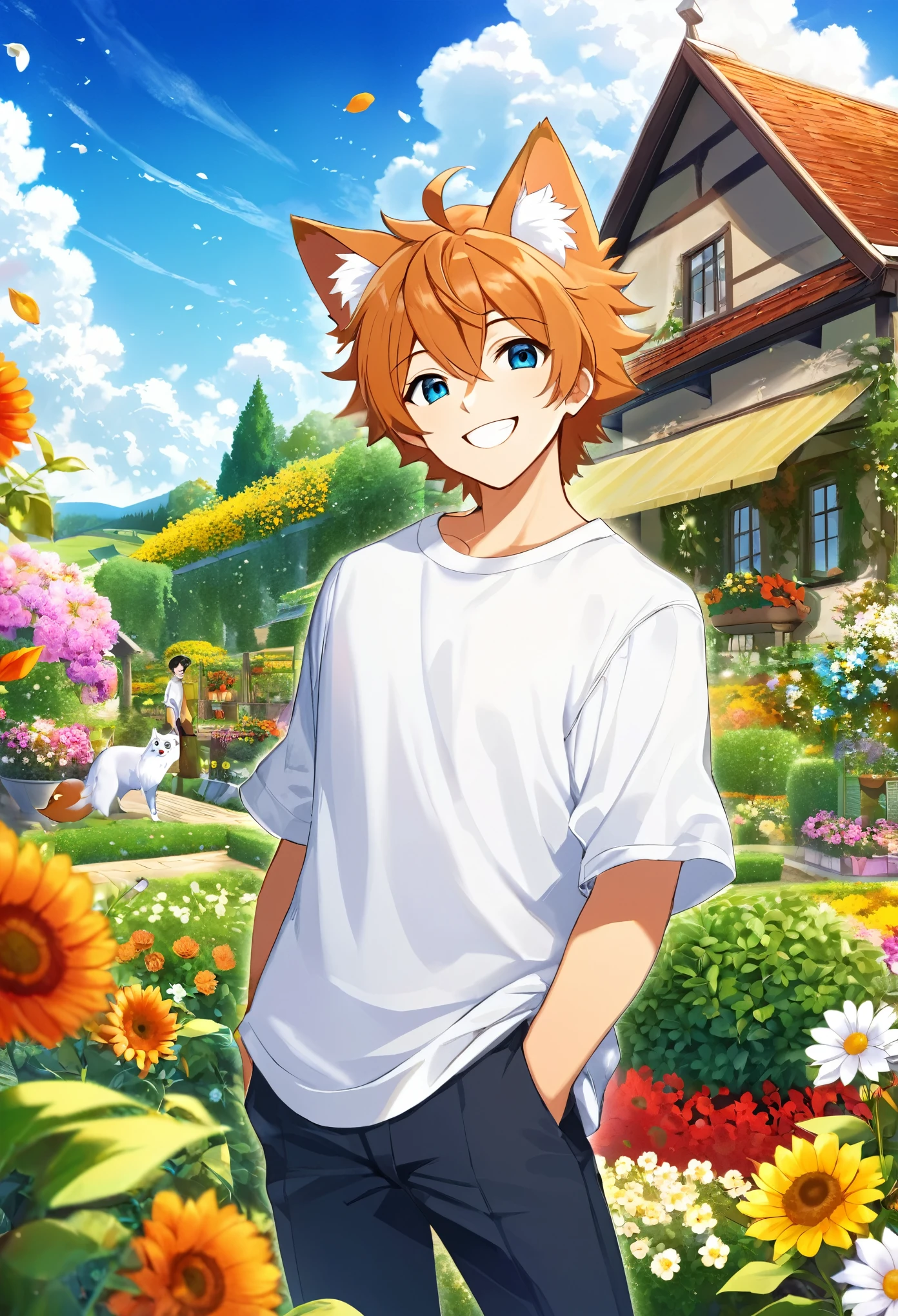 top quality, highres, High-quality illustrations, unparalleled masterpiece(movie of life)farm, Blue sky, clouds, florals Beautiful garden(furry anthro, solo, boy, casual fashion, Relux pose, Smile)absurdres, perfect anatomy, anime style, dynamic angle,