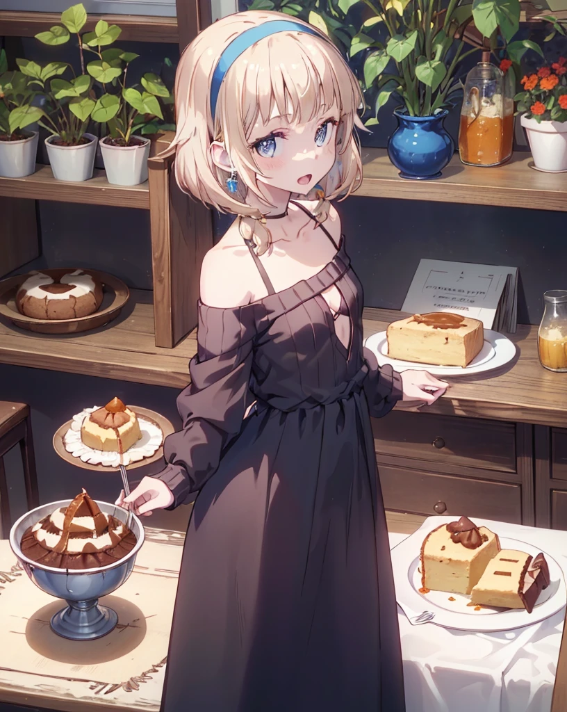 (small breasts:1.3), (perky chest:1.1), (pointed chest:1.0), (Pudding cake magazine cover:1.3),(from above:1.0),(from side:0.9),masterpiece, 1girl, Amazing Cleavage:1.1, thin waist, big ass, Raised sexy, small breast: 1.3, sexy posed cleavage:1.2,solo, open mouth, have a cute grass of cute beergrass,bronde hair, dark blue eyes, dress, bare shoulders, jewelry, collarbone, sidelocks, hairband, earrings, indoors, off shoulder, sweater, arms behind back, plant, short hair with long locks, gild hairband, sweater dress:1.2, off-shoulder sweater, red sweater, dark gord hair, big side hair, very long side hair,is rendered in (masterpiece: 1.2, best quality), with (ultra high resolution) and an exquisite (depth of field). This masterpiece is not only visually stunning but also tells,A scene of cooking in the kitchen in the classroom ,looking at viewer,