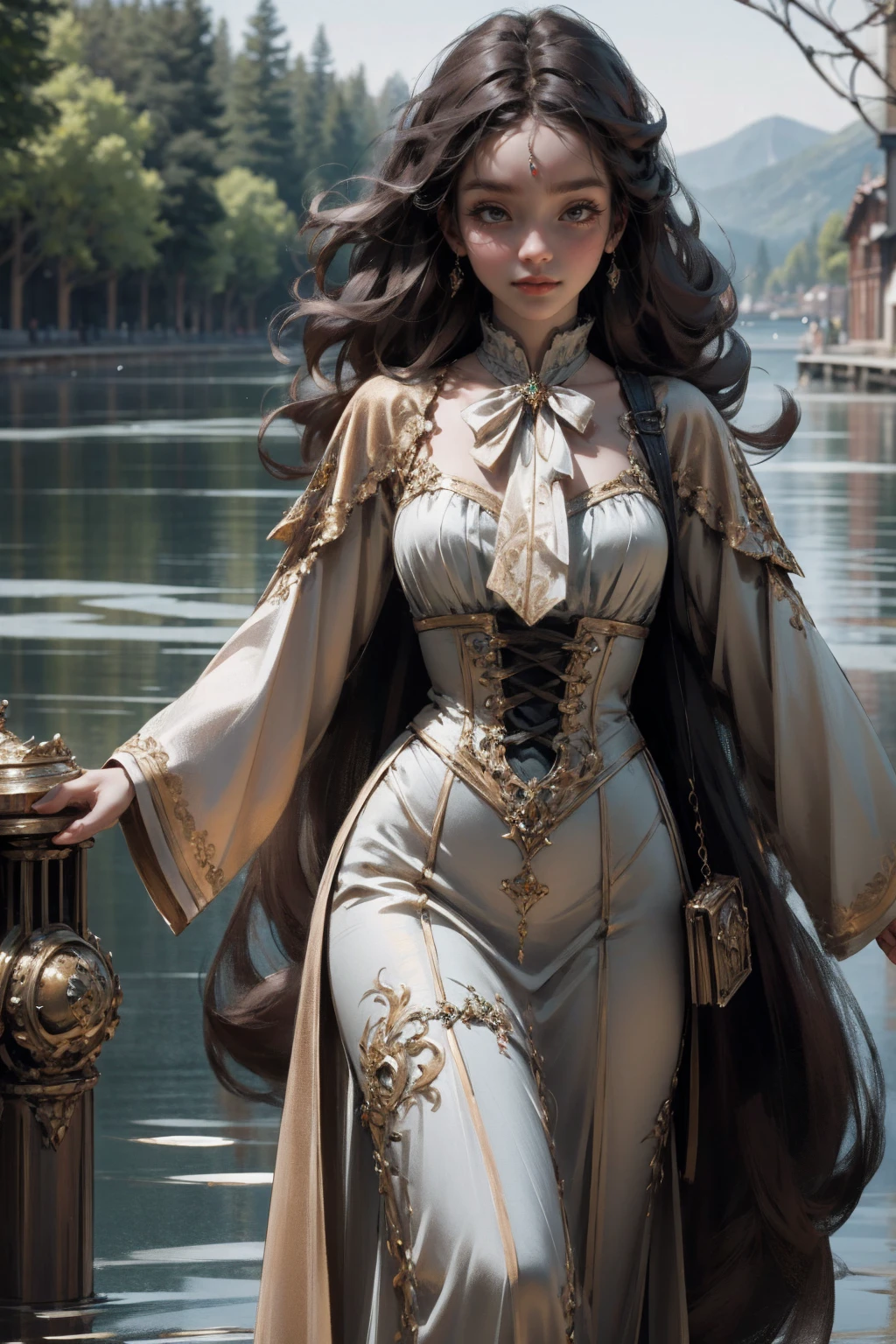 { - anatomy error}(Masterpiece - Ultra-detailed, very high resolution) Prepare to be enchanted by a true masterpiece that combines ultra-detailed art with high-resolution rendering. This work depicts a mesmerizing woman with very long brown hair (1.3) and captivating gray eyes (1.2), emanating an aura of elegance and mystery in Victorian settings. The intricate details and realistic textures invite you to explore every aspect of this enchanting composition. Woman wearing beautiful classic Victorian costume from the year 1878. Red lips. Happy face. Smiling. light green (gold) dress. Walking on the water, whole body. dynamic poses. Get ready to dive into a world where beauty and craftsmanship merge perfectly,