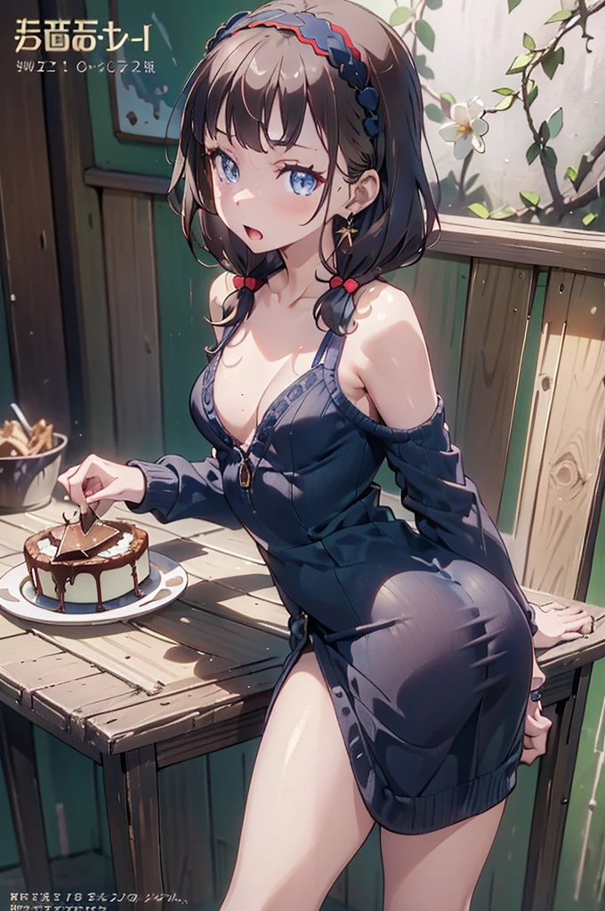 (small breasts:1.3), (perky chest:1.1), (pointed chest:1.0), (Pudding cake magazine cover:1.3),(from above:1.0),(from side:0.9),masterpiece, 1girl, Amazing Cleavage:1.1, thin waist, big ass, Raised sexy, small breast: 1.3, sexy posed cleavage:1.2,solo, open mouth, have a cute grass of cute beergrass,bronde hair, dark blue eyes, dress, bare shoulders, jewelry, collarbone, sidelocks, hairband, earrings, indoors, off shoulder, sweater, arms behind back, plant, short hair with long locks, gild hairband, sweater dress:1.2, off-shoulder sweater, red sweater, dark gord hair, big side hair, very long side hair,is rendered in (masterpiece: 1.2, best quality), with (ultra high resolution) and an exquisite (depth of field). This masterpiece is not only visually stunning but also tells,A scene of cooking in the kitchen in the classroom ,looking at viewer,