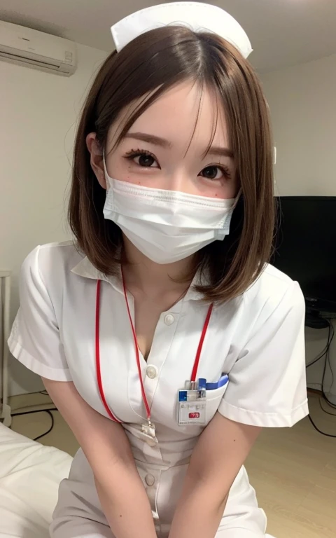 1 girl,(Wearing white nurse clothes:1.2),(RAW photo, highest quality), (realistic, photo-realistic:1.4), masterpiece, very delicate and beautiful, very detailed, 2k wallpaper, wonderful, finely, very detailed CG unity 8k wallpaper, Super detailed, High resolution, soft light, beautiful detailed girl, very detailed eyes and face, beautifully detailed nose, finely beautiful eyes, nurse, perfect anatomy, black hair, up style, nurse uniform, ((mask)), long skirt, nurse, white costume, thin, hospital, clear, white uniform, hospital room, auscultation of the neck,bob cut