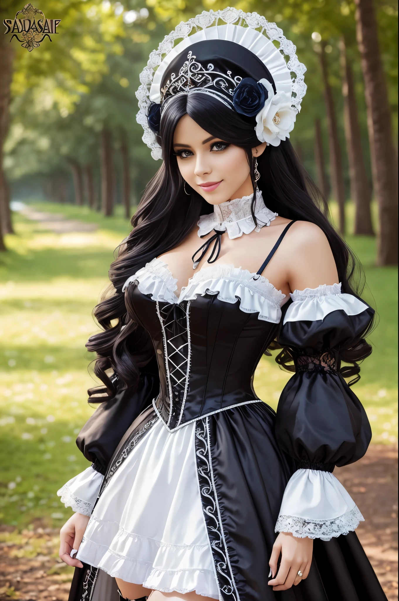 sexy stylish Swedish model, only 1 female, long stylish hair, very detailed Victorian-Style boots, big smile, very detailed eyes, lipgloss, long lashes, defined eyebrows, ((sexy Paradise Kiss cosplay)), bell-shaped skirt, petticoats, high neckline, puffed sleeves, (( very detailed lace)), ((very detailed embroidery)), intricate details, Paradise Kiss accessoires and matching headpiece, choker, ((large sparkling Paradise Kiss jewelry)), cinematic light, detailed large park background with trees