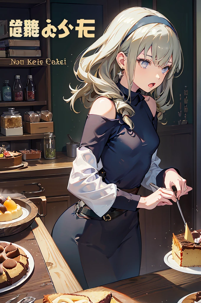 (small breasts:1.3), (perky chest:1.1), (pointed chest:1.0), (Pudding cake magazine cover:1.3),(from above:1.0),(from side:0.9),masterpiece, 1girl, Amazing Cleavage:1.1, thin waist, big ass, Raised sexy, small breast: 1.3, sexy posed cleavage:1.2,solo, open mouth, have a cute grass of cute beergrass,bronde hair, dark blue eyes, dress, bare shoulders, jewelry, collarbone, sidelocks, hairband, earrings, indoors, off shoulder, sweater, arms behind back, plant, short hair with long locks, gild hairband, sweater dress:1.2, off-shoulder sweater, red sweater, dark gord hair, big side hair, very long side hair,is rendered in (masterpiece: 1.2, best quality), with (ultra high resolution) and an exquisite (depth of field). This masterpiece is not only visually stunning but also tells,A scene of cooking in the kitchen in the classroom ,looking at viewer,