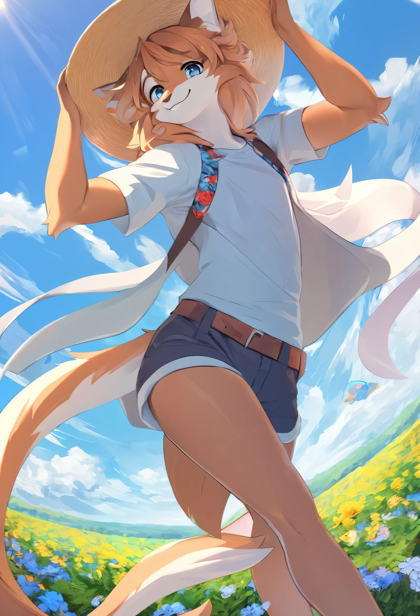 top quality, highres, High-quality illustrations, unparalleled masterpiece(movie of life)farm, Blue sky, clouds, florals Beautiful garden(furry anthro, solo, boy, casual fashion, Relux pose, Smile)absurdres, perfect anatomy, anime style, dynamic angle,
