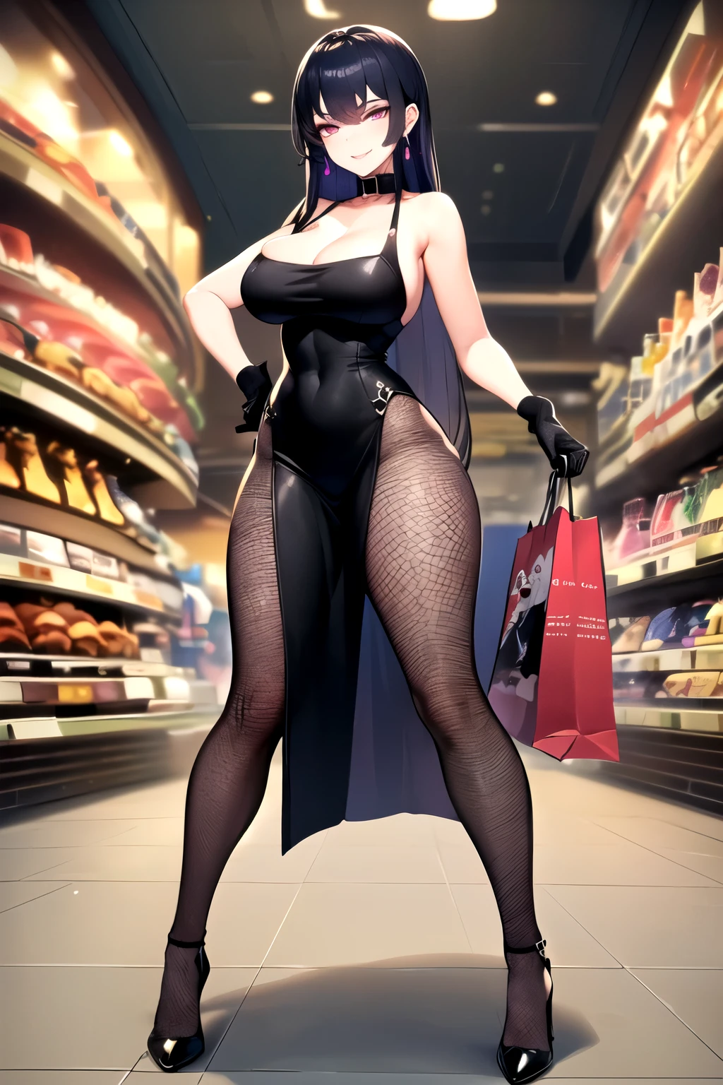 (( Tall woman with an impeccable figure, perfect hips and breasts,)), ((wearing a black tight dress, high black heels and black fishnet tights, black gloves, violet menacing eyes and a bright confident smile)), ((stands in a large shopping center and smokes)), ((in detail, perfect graphics))