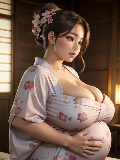 Sofia Vergara, detailed face, updo hair, (yukata), Sakura forest, bbw, morbidly obese, huge pregnant belly, weight gain, (high quality lighting) 