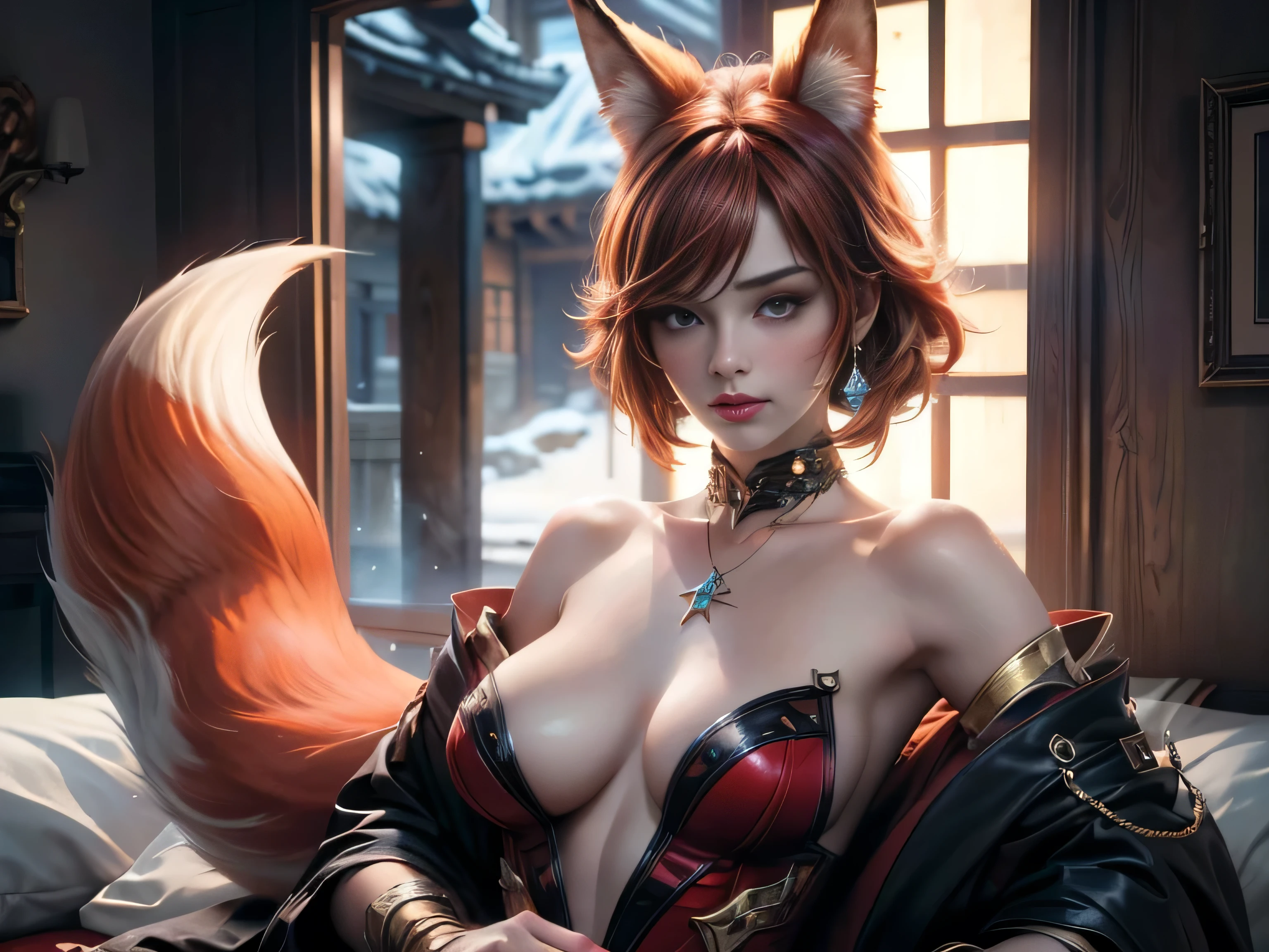 (Best quality, 8K, masterpiece, HDR, soft lighting, picture perfect, realistic, vibrant), foxgirl with red hair and little fox lying on the snow, kitsune, beautiful fox, nobushi fox, beautiful female kitsune, digital anime illustration, beautiful illustration, beautiful digital artwork, exquisite digital illustration, realistic digital anime art, realistic anime style digital art, (ultra high quality fantasy art, final fantasy), masterpiece, ultra high quality female character design, anime art with development 8k, realistic anime art, wallpaper illustrations of the highest quality, complex ultra high quality accurate faces of female characters, high quality design and accurate physics (ultra high quality fantasy style)), art, dark fantasy)) Style), masterpieces, super high quality characters, anime resolution - 8K, realistic anime art, highest quality wallpaper illustration, ultra-high facial detail, quality design and physics accuracy), by color, depth of field, shadows, ray tracing, high quality and 8K resolution computer wallpaper production, Fantasy Love Fox, Dark Fox -mage, (Accurate simulation of the interaction of light and materials)], [Highly detailed hair [More about beautiful and shiny red hair]], (Beautifully detailed hands [perfect fingers [Beautiful nails]], (perfect anatomy (perfect proportions)) [[ Full-length]], [Perfect color combination (Accurate imitation of the interaction of light and material)], [art that conveys the meaning of the story]