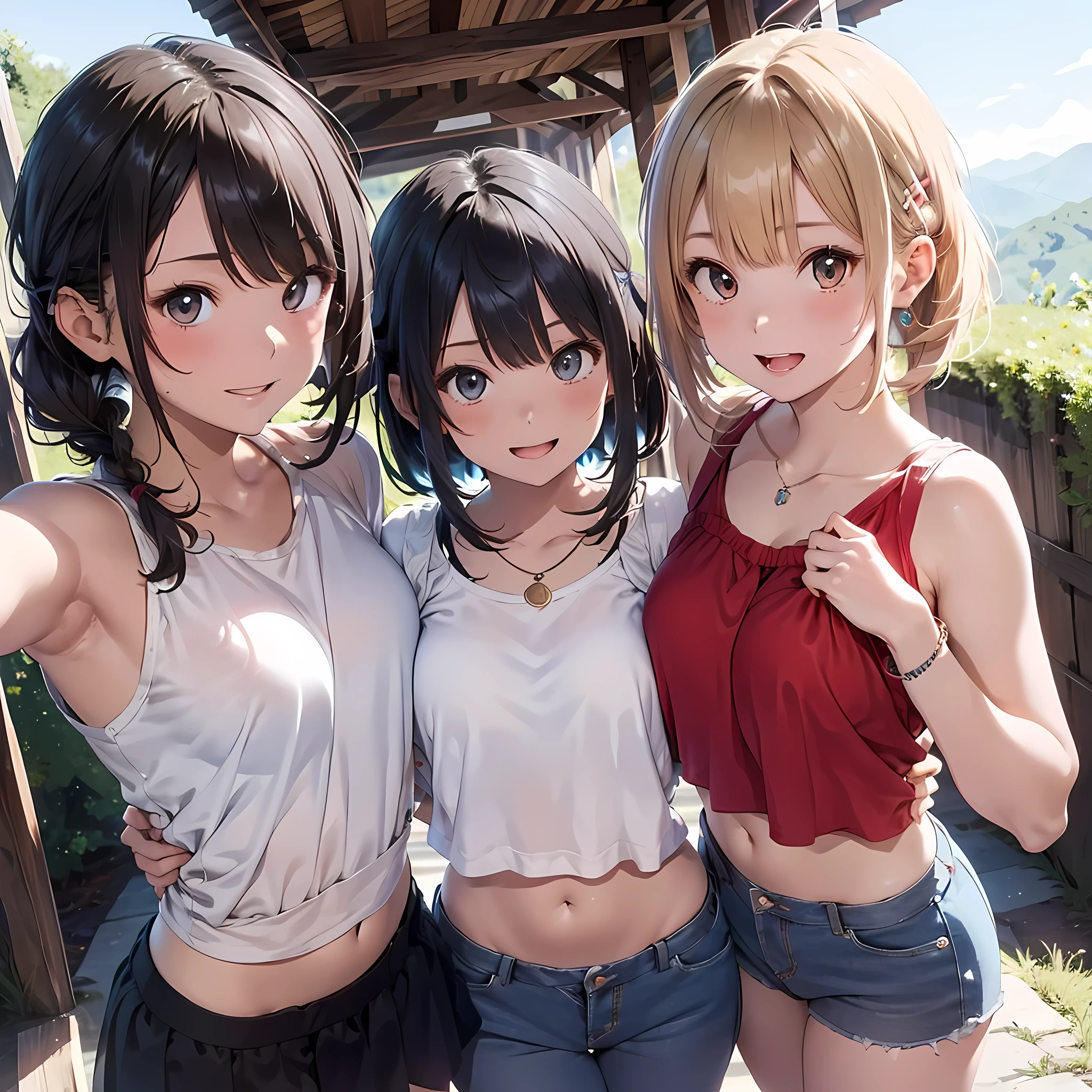 ((masterpiece, best quality, ultra quality, high quality, hyper detailed, intricate detailed, perfect anatomy, shiny skin)), ((upper body:1.2)), (three women are posing for a camera:1.4), (On the mountain trail,At the summit), (sunset), (Lift up your camisole), (full nude:1.4), (smile, shy, red cheek, blush:1.2), (Open your mouth:1.6), (Stand in line) , brown hair, blond hair, navel, jewelry, looking at viewer, necklace, long hair, short hair, Abdominal muscles,  straight hair, bob cut, blunt bangs, silky hair, hair clip, hair band, hair ribbon, one-length haircut, ducktail, outward curled hair, French twist hair, twintails, side ponytail, single braid, wavy hair,