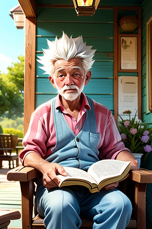 On a sunny afternoon, an 8--old  named Rabi sits on his grandfather's lap on a cozy porch. The grandfather, with his white hair and gentle eyes, holds an old book in his hands.