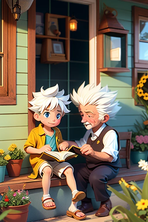On a sunny afternoon, an 8-year-old boy named Rabi sits on his grandfather's lap on a cozy porch. The grandfather, with his white hair and gentle eyes, holds an old book in his hands.