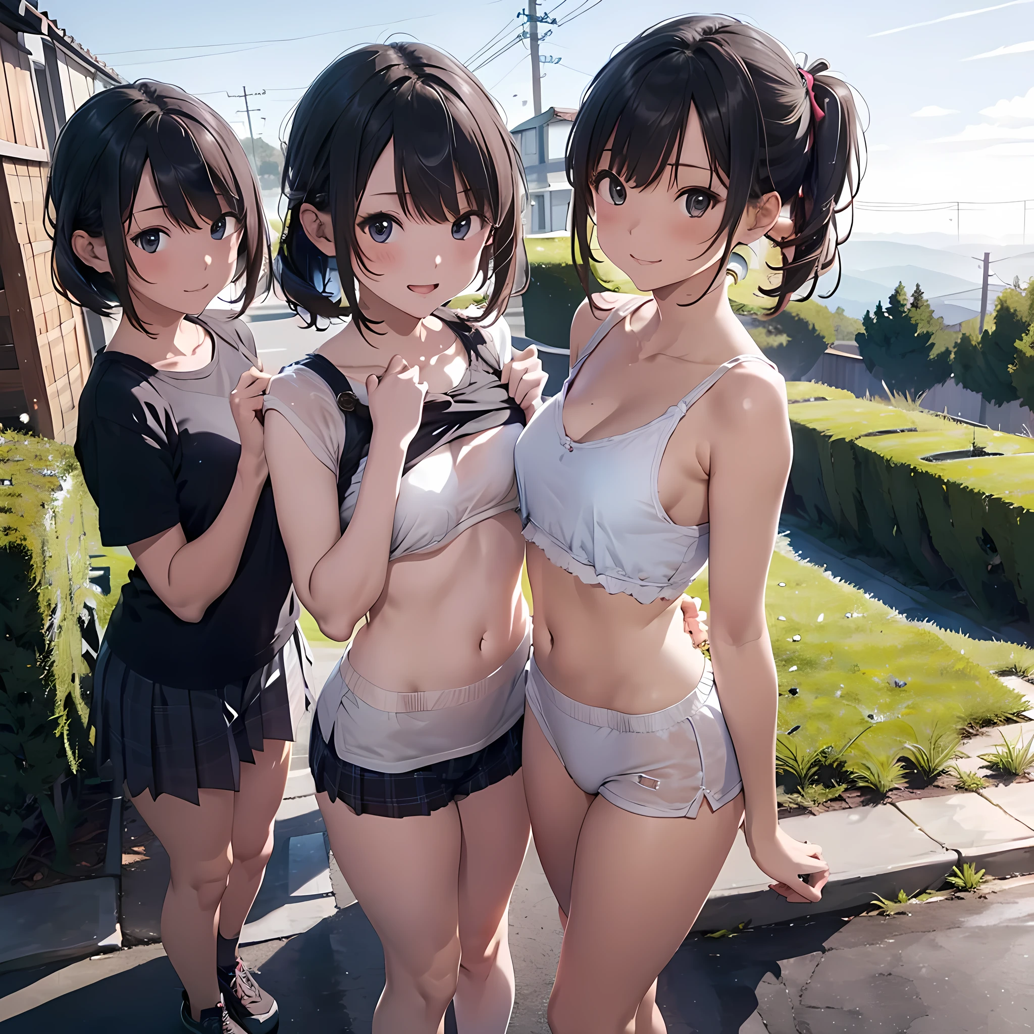 ((masterpiece, best quality, ultra quality, high quality, hyper detailed, intricate detailed, perfect anatomy, shiny skin)), ((upper body:1.2)), (three women are posing for a camera:1.4), (On the mountain trail,At the summit), (sunset), (Lift up your camisole), (full nude:1.4), (smile, shy, red cheek, blush:1.2), (Open your mouth:1.6), (Stand in line) , brown hair, blond hair, navel, jewelry, looking at viewer, necklace, long hair, short hair, Abdominal muscles,  straight hair, bob cut, blunt bangs, silky hair, hair clip, hair band, hair ribbon, one-length haircut, ducktail, outward curled hair, French twist hair, twintails, side ponytail, single braid, wavy hair,