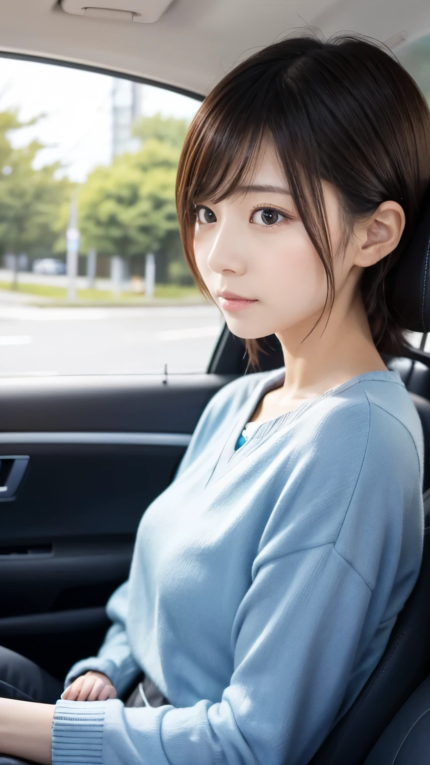 Japanese、A randomly generated person with diverse facial features hairstyle、Perfect Anatomy,Inside the car、Assistant seat、Side view、Private Server、Date、Sitting to the left of the viewer