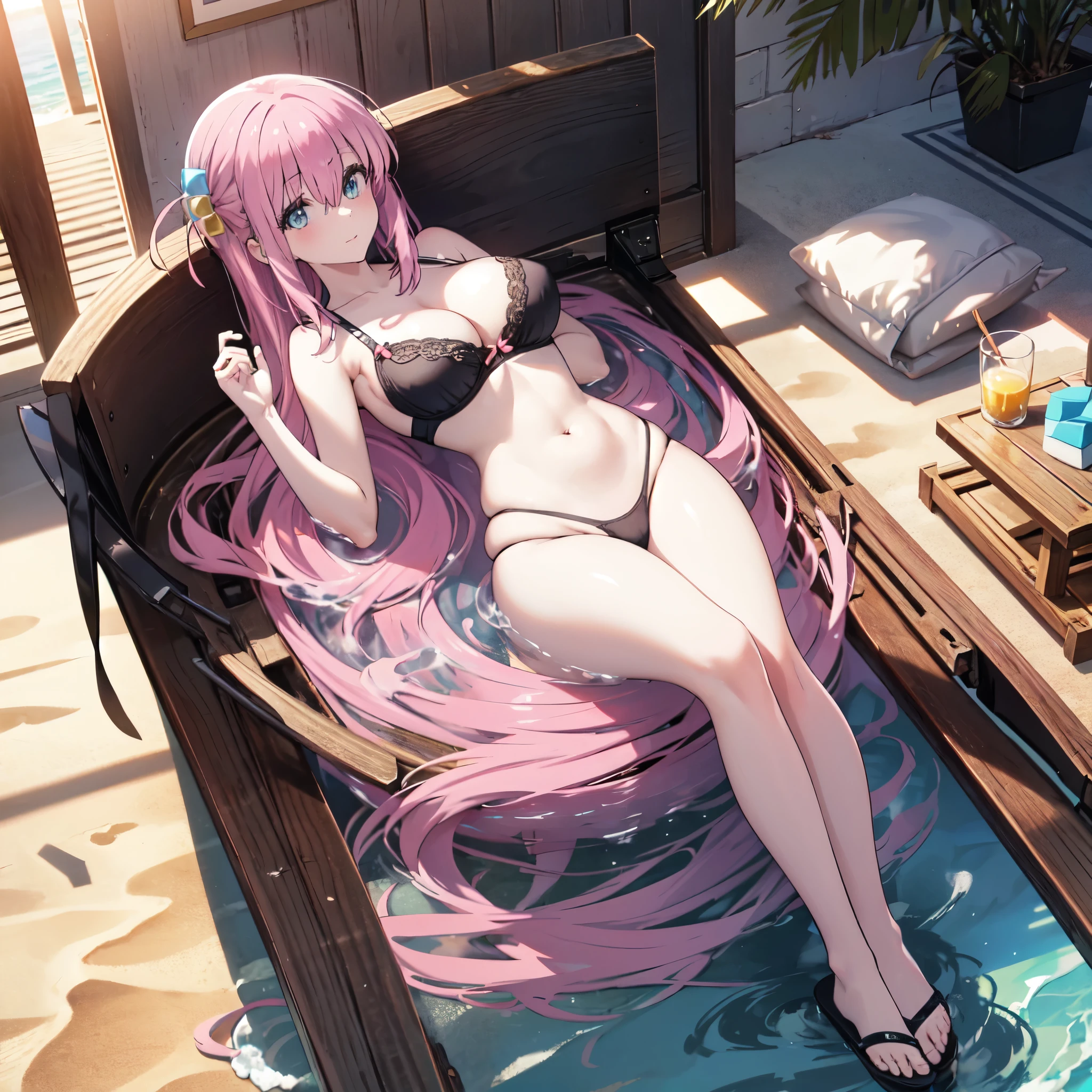 realistic image, detailed image, coherent image, 1 beautiful girl, she has very long hair, pink hair, light blue eyes, she is wearing hair accessories with bows in the shape of blue and yellow cubes, she is wearing a bra bath, thin thong bath slippers, She has a curvy body, large breasts and thick thighs, She is lying sensually on the sand, arching her back, you can see a beach in the background, palm trees and waves, sunset, twilight, Soft focus, full body view, Dramatic shadows, Volumetric lighting, natural lighting,hitori