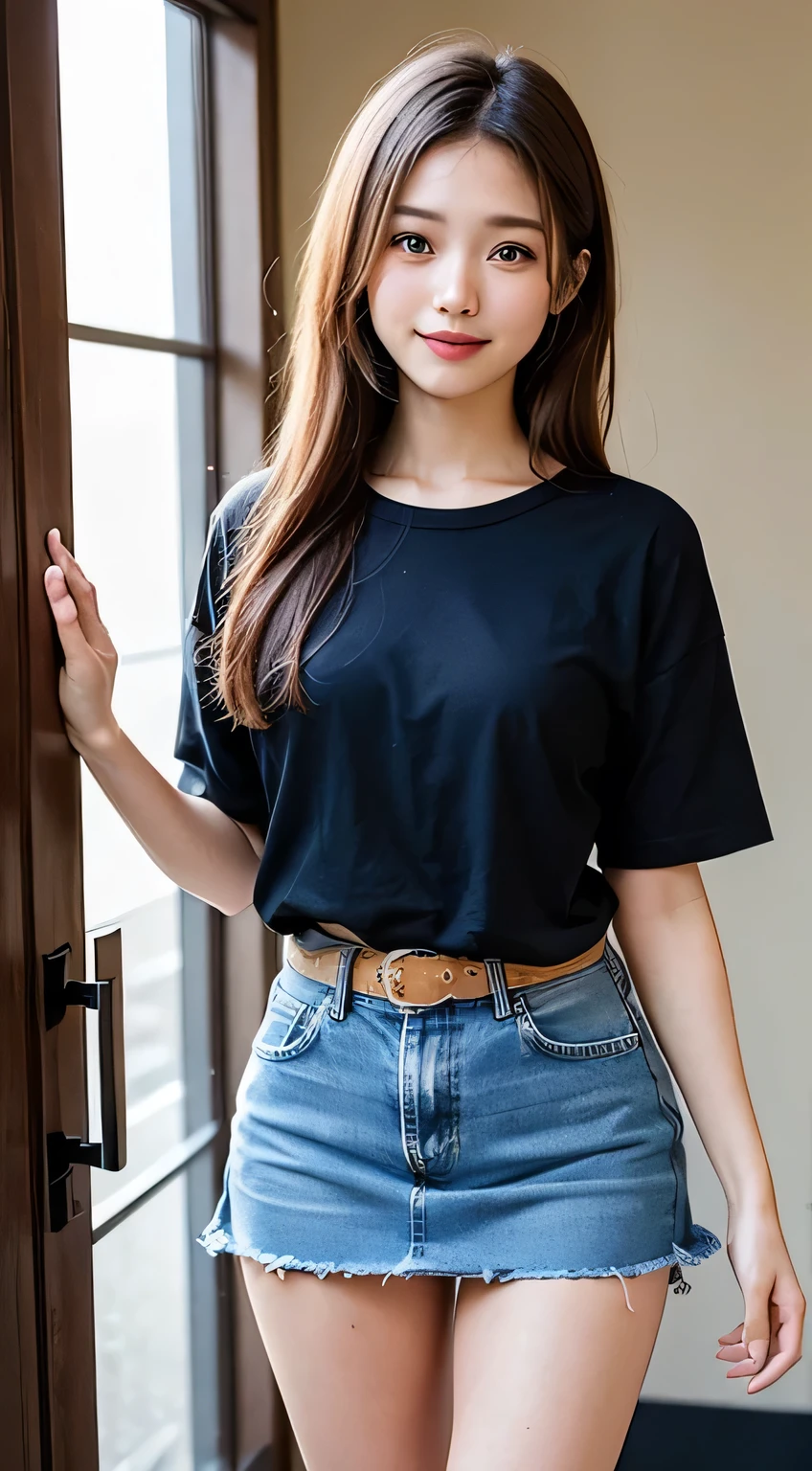 (masterpiece, highest quality:1.2), 8k, 15 years, 85mm, Official Art, RAW Photos, Absurd、((A small, empty Japanese-style room:1.4))、((Full nudity:1.5))、, Pretty face, close, ((Cowboy Shot:1.4))、Beautiful girl with straight medium long hair,  ((Pubic hair growing:1.4))、((Denim skirt with emphasis on thighs:1.4))、Squeeze the waist, Thighs, Short sleeve, Model pose、View your viewers, No makeup, (smile:1.4), Film Grain, chromatic aberration, Sharp focus, Face Light, Bright lighting, Teen, Detailed face, Bokeh Background,