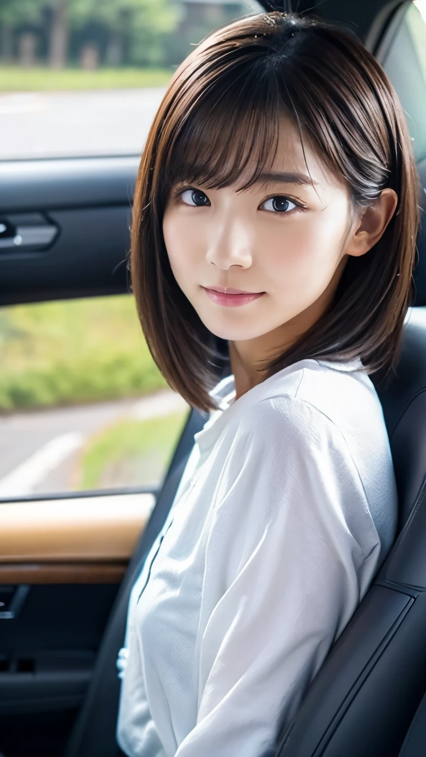 Japanese、A randomly generated person with diverse facial features hairstyle、Perfect Anatomy,Inside the car、Assistant seat、Side view、Private Server、Date、Sitting to the left of the viewer