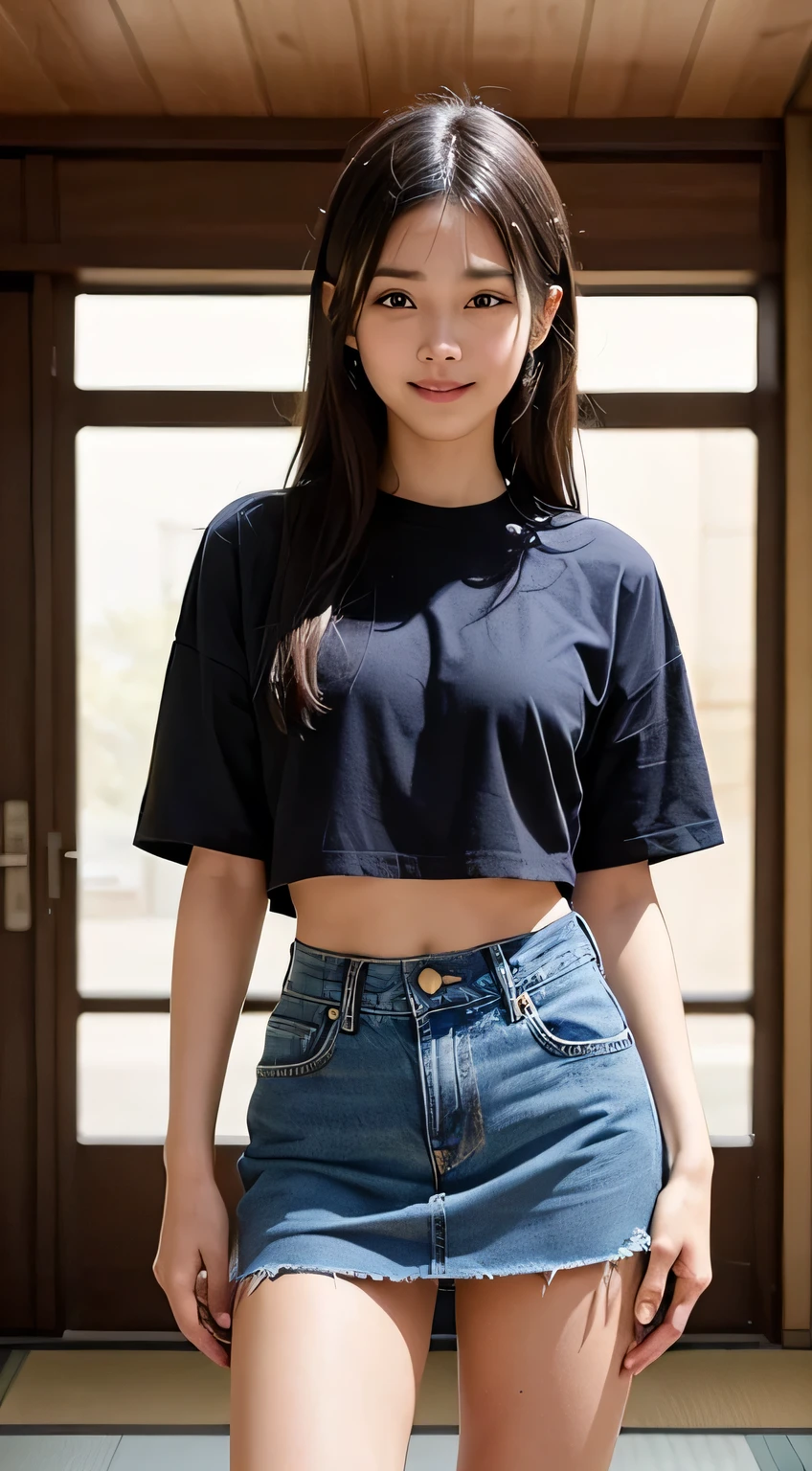 (masterpiece, highest quality:1.2), 8k,  years, 85mm, Official Art, RAW Photos, Absurd、((A small, empty Japanese-style room:1.4))、((Full nudity:1.5))、, Pretty face, close, ((Cowboy Shot:1.4))、Beautiful girl with straight medium long hair,  ((Pubic hair growing:1.4))、((Denim skirt with emphasis on thighs:1.4))、Squeeze the waist, Thighs, Short sleeve, Model pose、View your viewers, No makeup, (smile:1.4), Film Grain, chromatic aberration, Sharp focus, Face Light, Bright lighting, Teen, Detailed face, Bokeh Background,