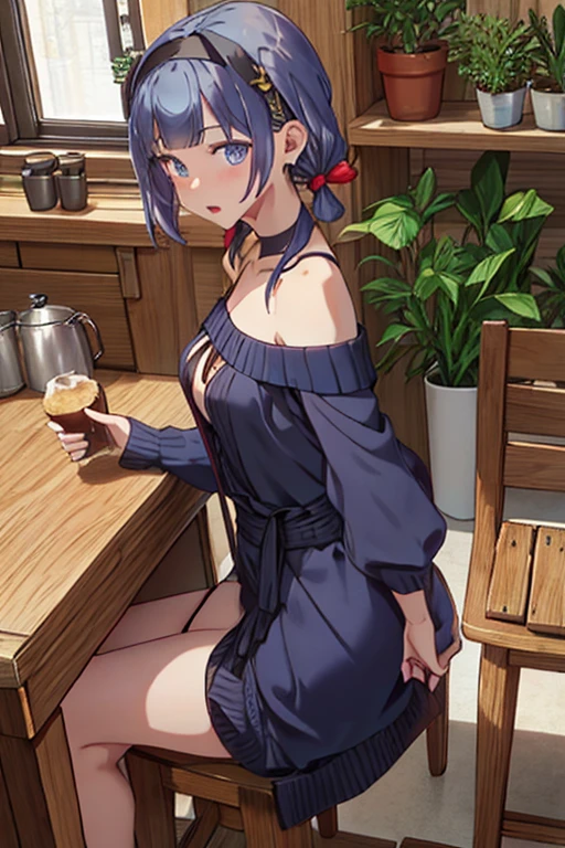 (small breasts:1.3), (perky chest:1.1), (pointed chest:1.0), (Pudding cake magazine cover:1.3),(from above:1.0),(from side:0.9),masterpiece, 1girl, Amazing Cleavage:1.1, thin waist, big ass, Raised sexy, small breast: 1.3, sexy posed cleavage:1.2,solo, open mouth, have a cute grass of cute beergrass,bronde hair, dark blue eyes, dress, bare shoulders, jewelry, collarbone, sidelocks, hairband, earrings, indoors, off shoulder, sweater, arms behind back, plant, short hair with long locks, gild hairband, sweater dress:1.2, off-shoulder sweater, red sweater, dark gord hair, big side hair, very long side hair,is rendered in (masterpiece: 1.2, best quality), with (ultra high resolution) and an exquisite (depth of field). This masterpiece is not only visually stunning but also tells,A scene of cooking in the kitchen in the classroom ,looking at viewer,