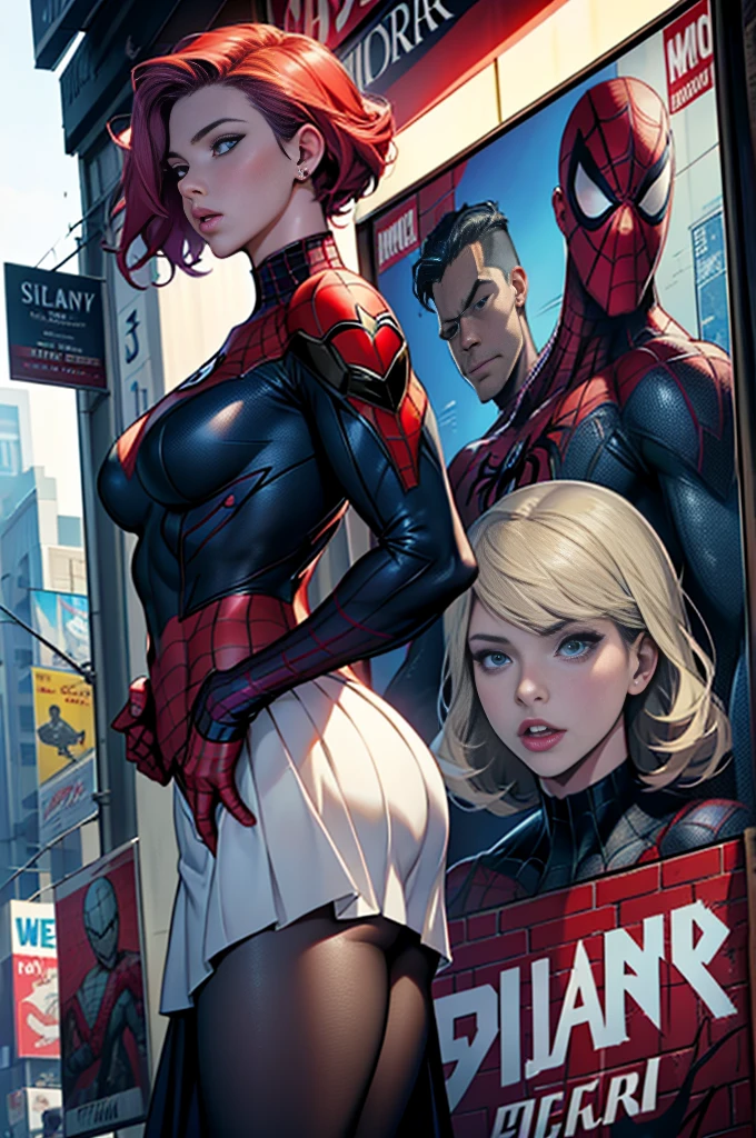 Scarlett Johansson、マーベルコミックの映画Poster、so beautiful、Movies about Spider-Man、sexy、whole body、Wearing a skirt、Premiere Date、Poster、belly buttonを突き出す、new york、She&#39;s wearing a ripped Spiderman suit、The suit is torn、Wearing a skirt、Red and black color scheme、dynamic、masterpiece、highest quality、Super detailed、Very detailed、Delicate and beautiful shine、Ultra-high resolution、Cinematic、break、breakドロップ、(Torn clothes:1.5)、(Wet clothes:1.4)、Bare shoulders、Real Rain、Wet Hair、belly button、Exposed Skin、sexyな肩を披露