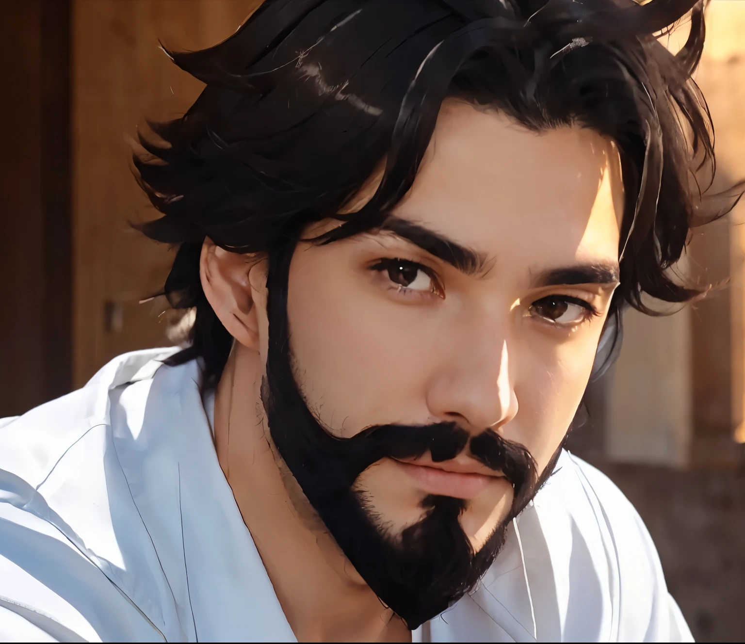 Very realistic young man with jet black hair, brown eyes wearing a white robe