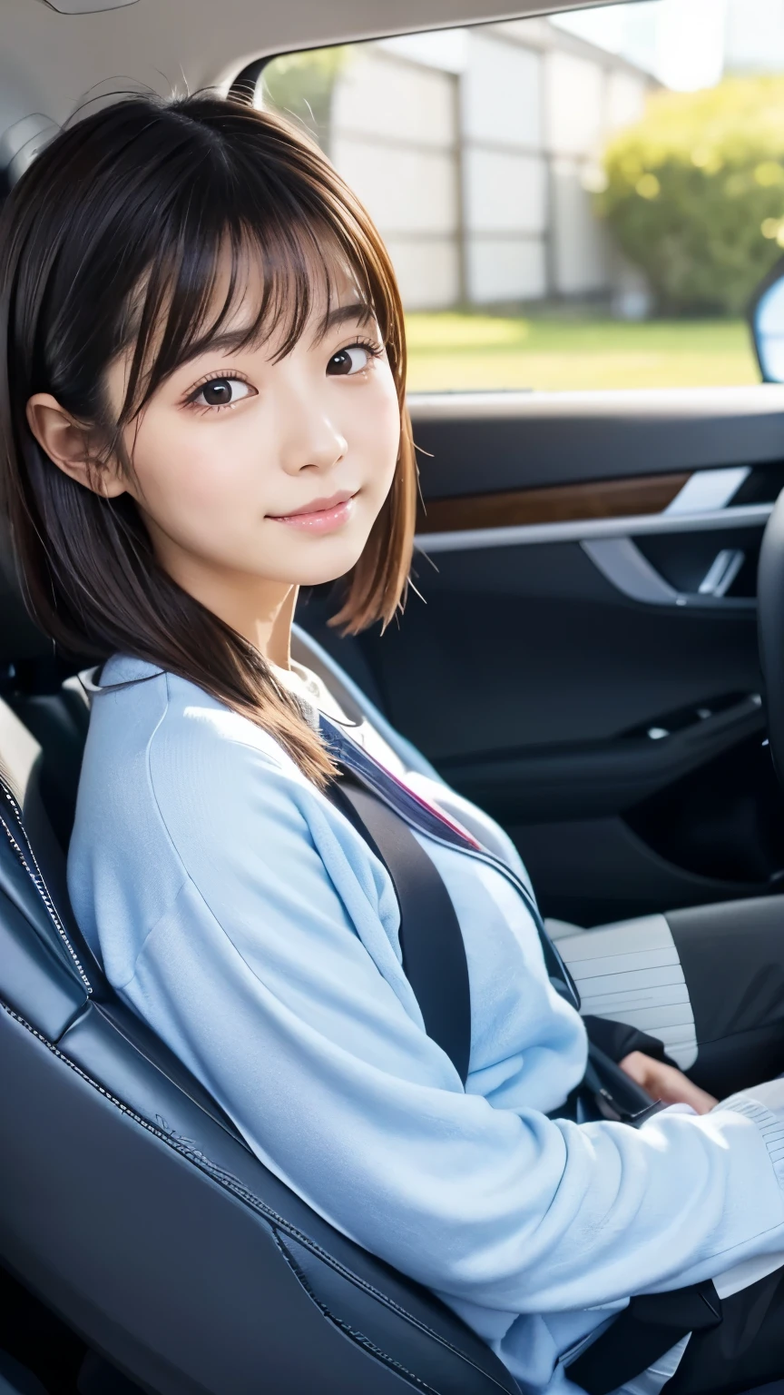 Japanese、A randomly generated person with diverse facial features hairstyle、Perfect Anatomy,Inside the car、Assistant seat、Side view、Private Server、Date、Sitting to the left of the viewer