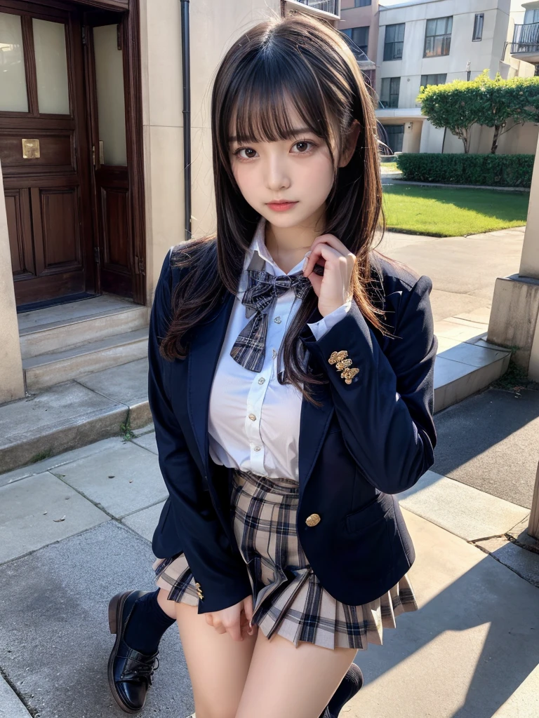 (8K, Raw photography, top-quality, masterpiece:1.2), master piece, best quality, illustration, Super detailed, fine details, High resolution, 8K,wall paper, perfect dynamic composition,(Details High quality, realistic depiction of eyes:1.3), ((2 girls, 2 schoolgirls)), The background is a luxury hotel room、High school girl uniform、blazer 、Super Short Check Uniform Skirt、Navy blue high socks、garterbelts、Colossal tits、Disturbed uniform, Play with each other,Touching each other's bodies,Touching the body of the girl next door, short bob hair, black hair color, huge breasts, Big Natural Color Lip, bold sexy pose, (perfect body shape), crying a little、cold gaze, Beautiful makeup,glitter makeup,Cutest 18 years old, beautiful legs, hposing Gravure Idol, Voluptuous thighs