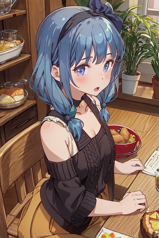 (small breasts:1.3), (perky chest:1.1), (pointed chest:1.0), (Pudding cake magazine cover:1.3),(from above:1.0),(from side:0.9),masterpiece, 1girl, Amazing Cleavage:1.1, thin waist, big ass, Raised sexy, small breast: 1.3, sexy posed cleavage:1.2,solo, open mouth, have a cute grass of cute beergrass,bronde hair, dark blue eyes, dress, bare shoulders, jewelry, collarbone, sidelocks, hairband, earrings, indoors, off shoulder, sweater, arms behind back, plant, short hair with long locks, gild hairband, sweater dress:1.2, off-shoulder sweater, red sweater, dark gord hair, big side hair, very long side hair,is rendered in (masterpiece: 1.2, best quality), with (ultra high resolution) and an exquisite (depth of field). This masterpiece is not only visually stunning but also tells,A scene of cooking in the kitchen in the classroom ,looking at viewer,