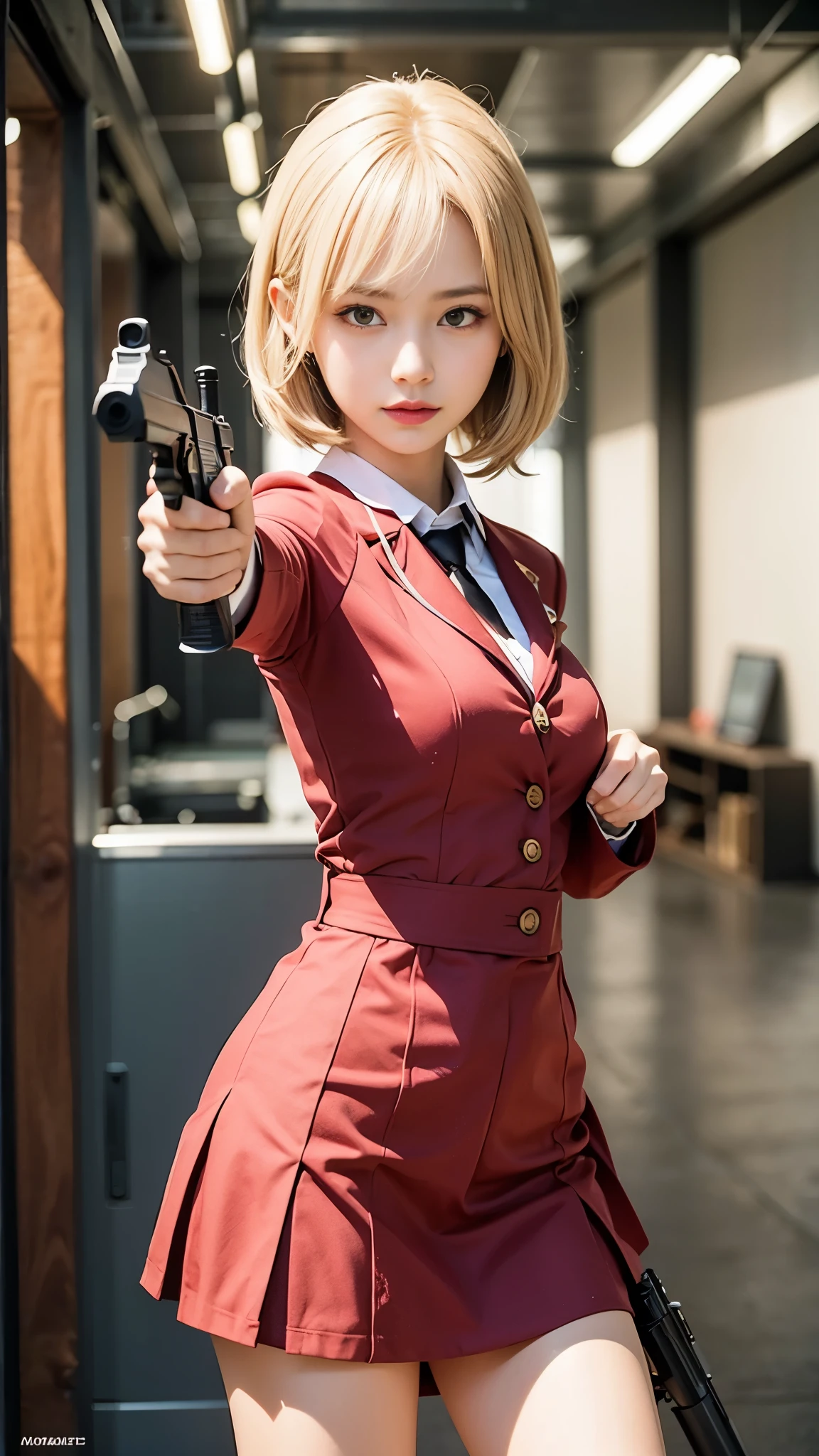 ((Girl with a gun)), (Fine details), Girls' Frontline, (Girls' Frontline style),Railgun, from Girls' Frontline, Girls' Frontline cg, (Have a weapon), ((With a pistol)), Female protagonist, Amazing Anime 8K, makoto shinka, m4 sopmod ii Girls' Frontline, Cute girl anime visuals, anime cgi style, ribbon, (Medium breast:1.5), ((14 year old beautiful girl, Baby Face:1.6, Small face:1.1)), (Slender body line), (Small and slender figure), (Narrow waist:1.2), (Small beautiful butt), (Detailed eyes and face:1.2), (Detailed hands:1.3), (Perfect Anatomy:1.3), (Professional Lighting), (Accurate Shadows), (Photorealistic:1.4), (View the viewer:1.2)