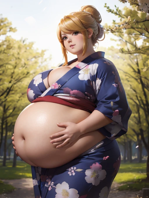 Samus Aran, detailed face, updo hair, (yukata), Sakura forest, bbw, morbidly obese, huge pregnant belly, weight gain, (high quality lighting)