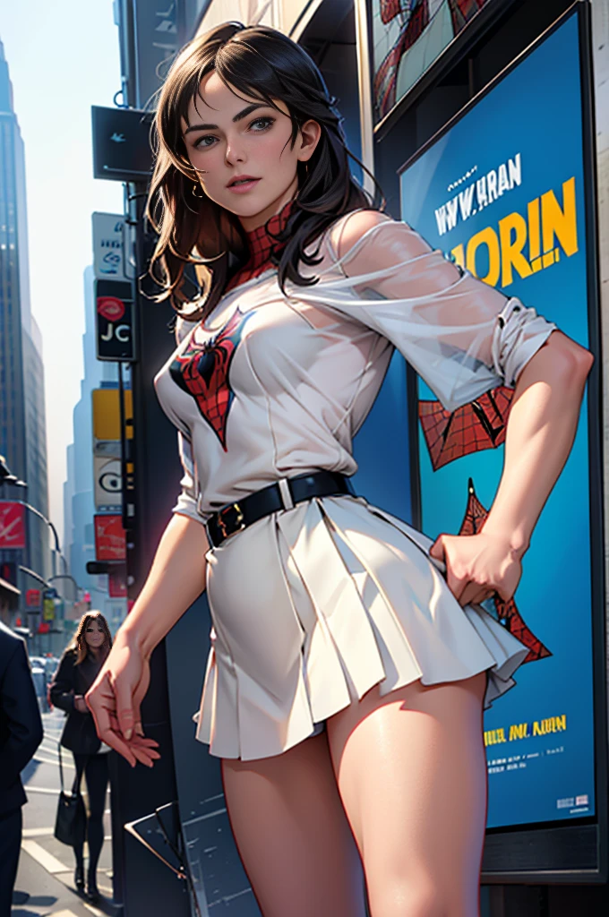 Keira Knightley、マーベルコミックの映画Poster、so beautiful、Movies about Spider-Man、sexy、whole body、Wearing a skirt、Premiere Date、Poster、belly buttonを突き出す、new york、She&#39;s wearing a ripped Spiderman suit、The suit is torn、Wearing a skirt、Red and black color scheme、dynamic、masterpiece、highest quality、Super detailed、Very detailed、Delicate and beautiful shine、Ultra-high resolution、Cinematic、break、breakドロップ、(Torn clothes:1.5)、(Wet clothes:1.4)、Bare shoulders、Real Rain、Wet Hair、belly button、Exposed Skin、sexyな肩を披露