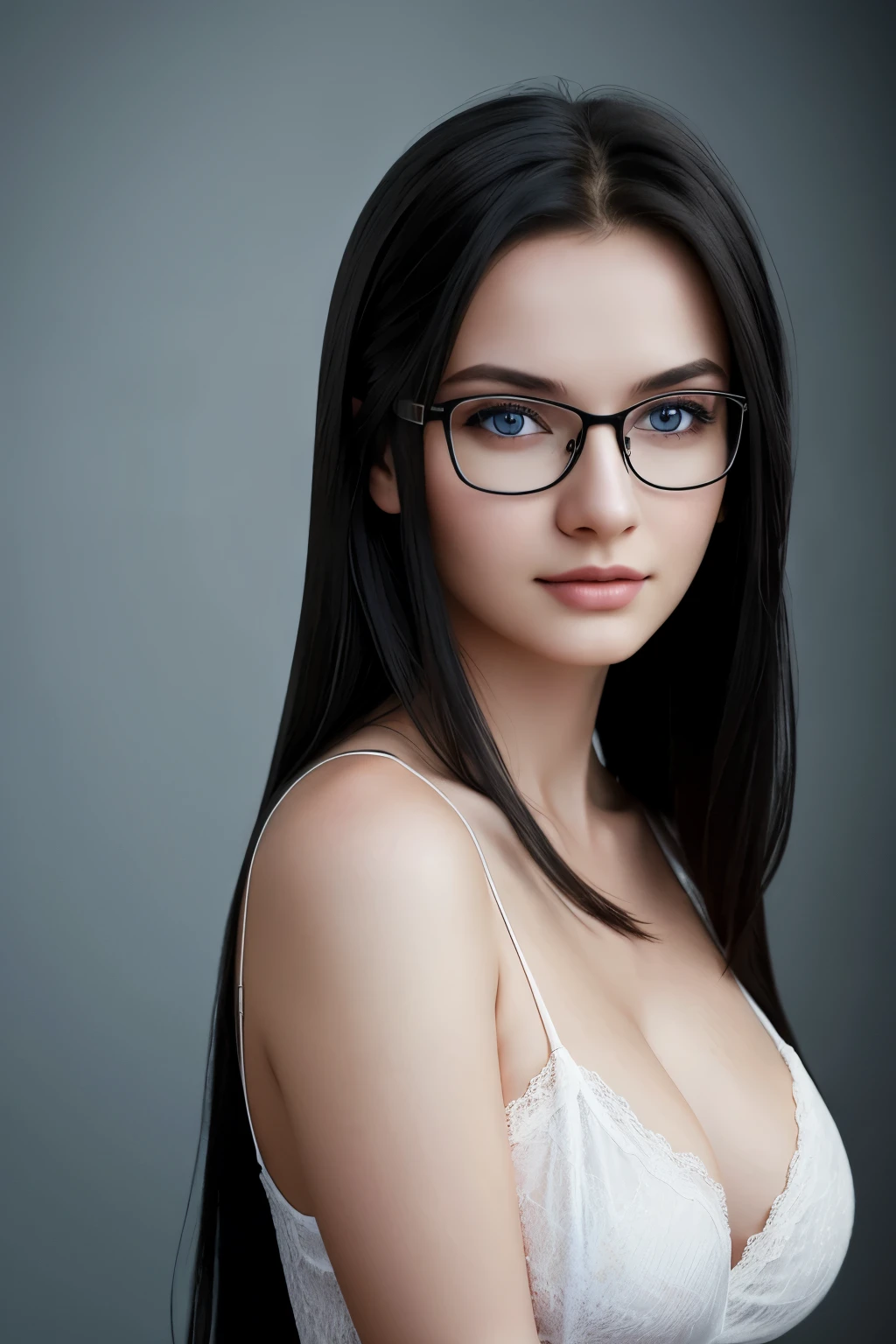 young woman, universitarian, 18 years, realistic photo of beautiful woman with black hair, straight hair, glasses, Russian, ultra-textured pale skin, blue eyes, no makeup, 4K, very detailed, cleavage, medium breasts