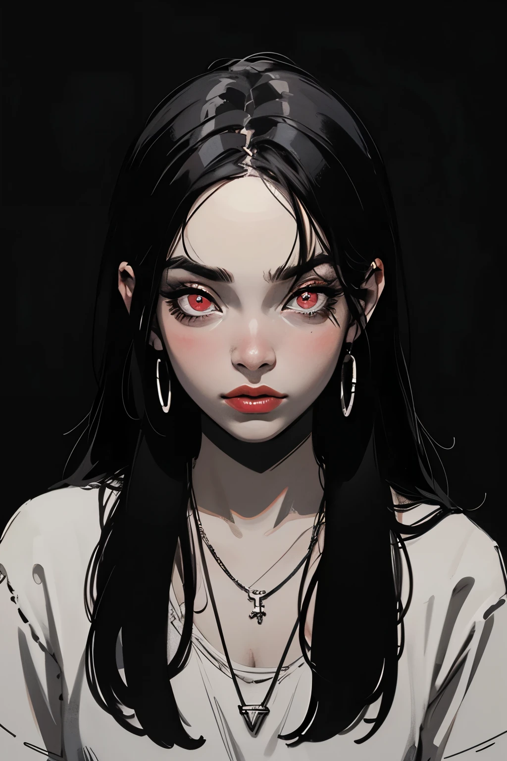 Goth girl 1girl, solo, long hair, looking at viewer, red eyes, jewelry, necklace, makeup, lipstick, black background, portrait, glowing eyes, by vergvoktre, dramatic, gritty, intense, distorted face, nightmare, intricate details, hyperdetailed, cinematic, dark shot, film grainy, soothing tones, muted colors, technicolor
BREAK
outdoors, twilight, raytracing BREAK
d4rk4rt artstyle, monochrome, greyscale