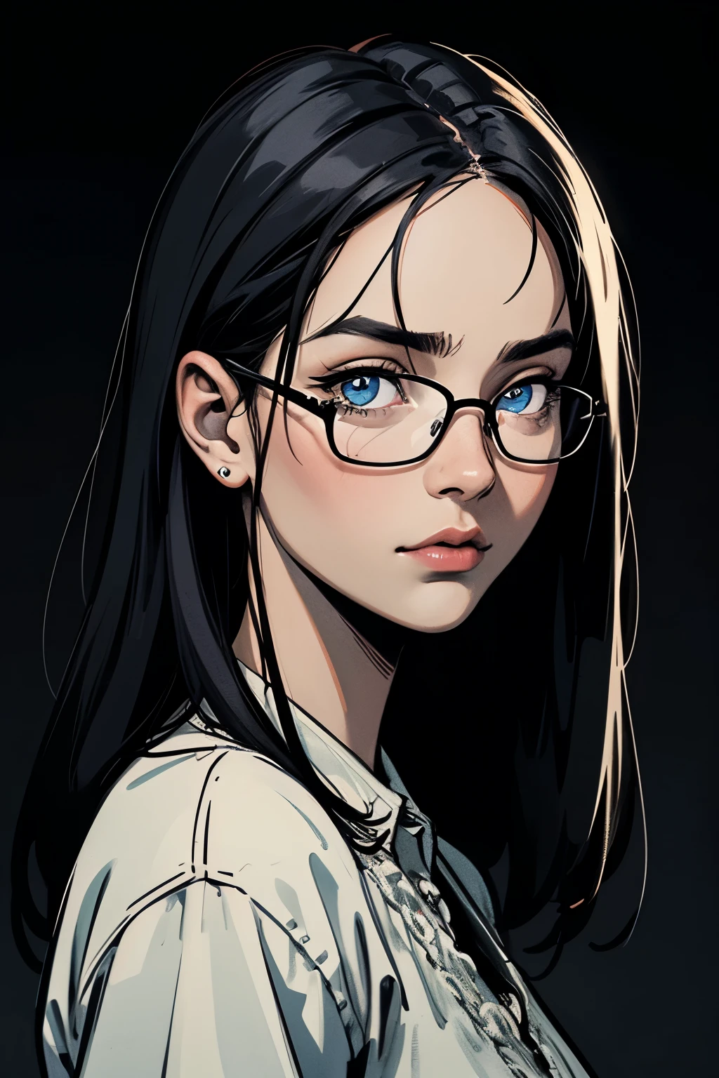 1girl, solo, long hair, straight black hair, glasses, looking at viewer, blue eyes, black background, portrait, glowing eyes, by vergvoktre, dramatic, gritty, intense, distorted face, nightmare, intricate details, hyperdetailed, cinematic, dark shot, film grainy, soothing tones, muted colors, technicolor
BREAK
outdoors, twilight, raytracing BREAK
d4rk4rt artstyle, monochrome, greyscale