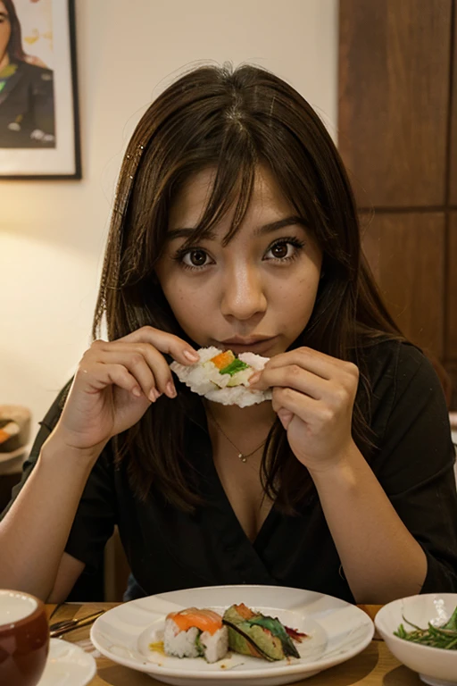 Generate an advertising image that represents the unique experience of our sushi place fused with the cozy atmosphere of a pizzeria. En el centro de la escena, highlights a young 25-year-old model, deslumbrante y perfecta, delighting in delicious sushi, showing an expression of pleasure and satisfaction on his face. La modelo debe ocupar el primer plano, capturing the viewer&#39;s attention and transmitting the exquisiteness of our gastronomic offer. El entorno del local debe reflejar un ambiente moderno y sofisticado, with touches of warmth that invite you to enjoy a unique culinary experience. Lighting should enhance the colors and textures of the dishes, creating an irresistible atmosphere. This image must captivate our target audience and awaken the desire to visit our establishment to enjoy an unparalleled gastronomic experience.