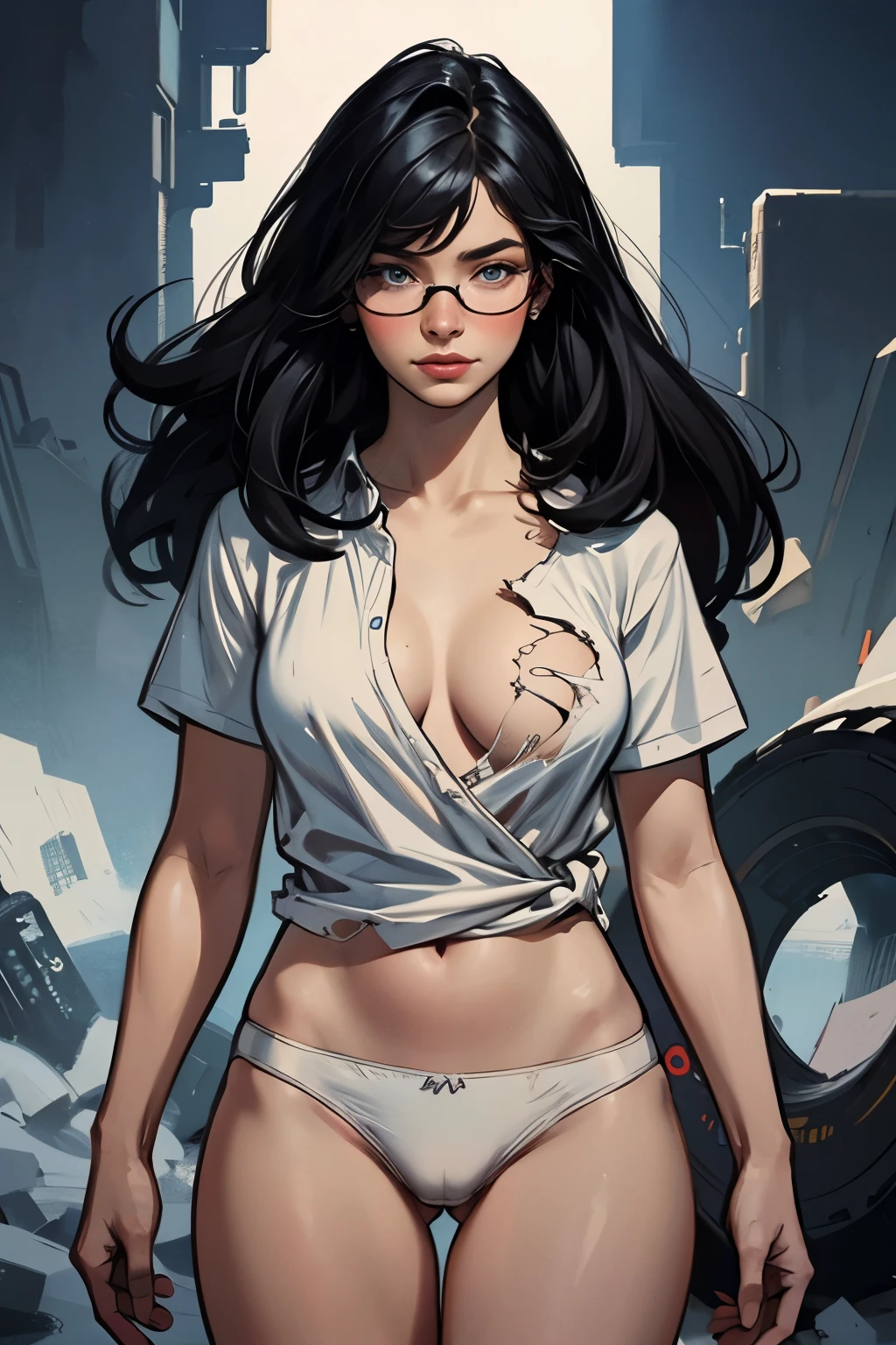 ((best quality: 1.5)) ((masterpiece)), intricate details, soft focus, professional, real life, realistic representation of the face, dim volumetric lighting, dynamic pose, in the style of realistic and hyper detailed renderings BREAK woman (Ultra detailed skin), pale skin, (super thin hair),(ultra soft hair),(ultra straight hair:1.5),Swept long bangs,black,Hair over one eye,blue eyes, glasses, black, straight and silky defined hair long white t shirt until thighs, (White shirt, naked lower body, torn, mid-chest torn shirt, no underwear, shirt covers photorealistic, hyper-realistic, 8K