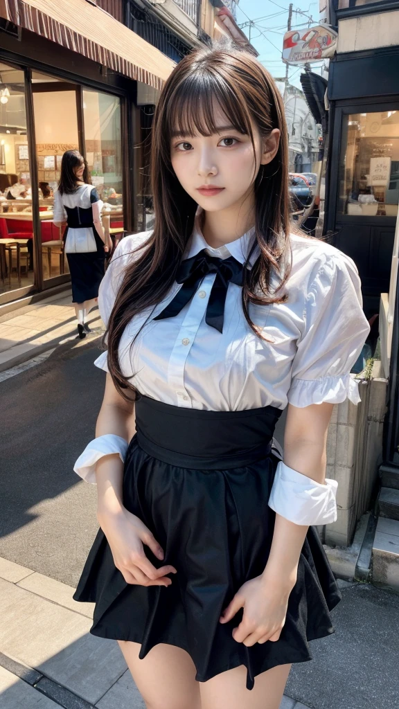 masterpiece, best quality, illustration, Super detailed, fine details, High resolution, 8K,wall paper, perfect dynamic composition,(Details High quality, realistic depiction of eyes:1.3), waitress uniform, restaurant, huge breasts, short bob hair、black hair color, Big Natural Color Lip, (perfect body shape), crying a little、cold gaze, Harajuku style、20 year old girl、cute type、ta、beautiful legs, focus on crotch, full body photo, gravure idol