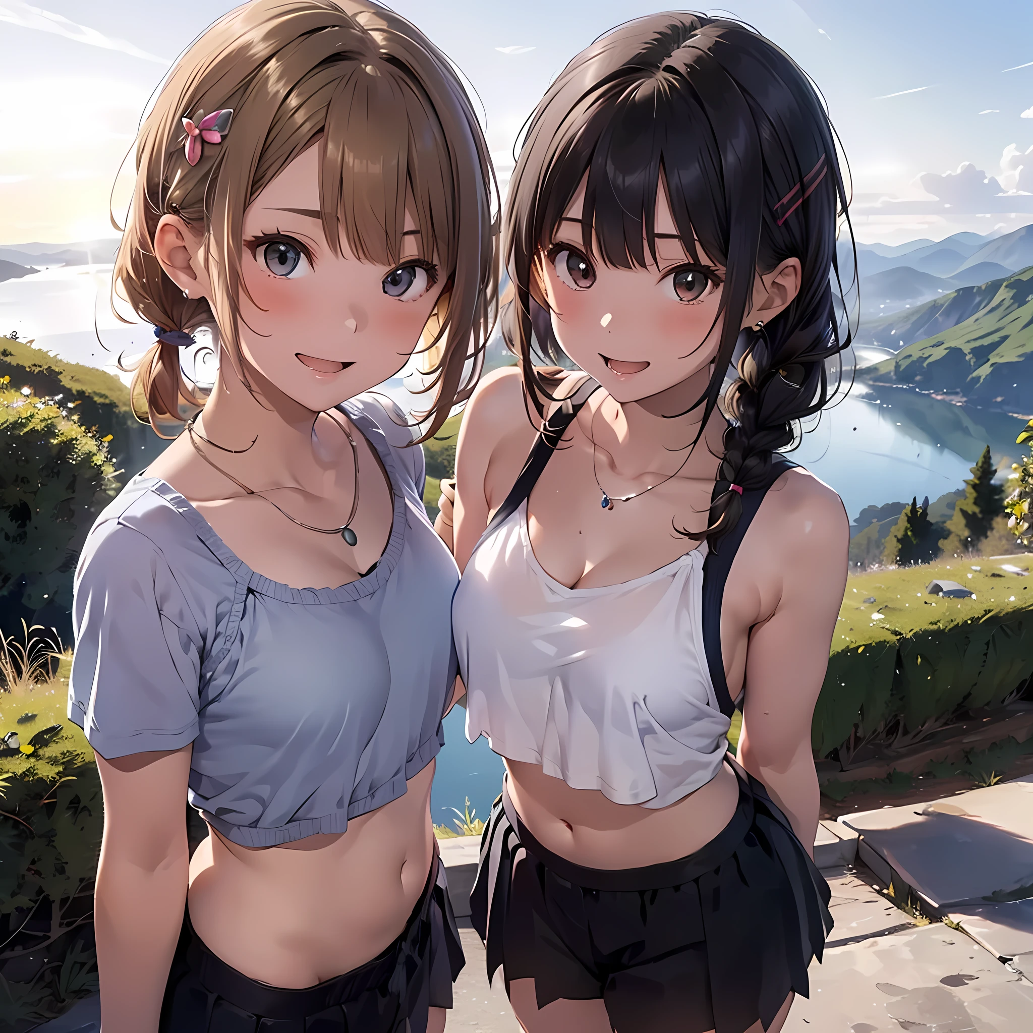 ((masterpiece, best quality, ultra quality, high quality, hyper detailed, intricate detailed, perfect anatomy, shiny skin)), ((upper body:1.2)), (three women are posing for a camera:1.4), (On the mountain trail,At the summit), (sunset), (Lift up your camisole), (full nude:1.4), (smile, shy, red cheek, blush:1.2), (Open your mouth:1.6), (Stand in line) , brown hair, blond hair, navel, jewelry, looking at viewer, necklace, long hair, short hair, Abdominal muscles,  straight hair, bob cut, blunt bangs, silky hair, hair clip, hair band, hair ribbon, one-length haircut, ducktail, outward curled hair, French twist hair, twintails, side ponytail, single braid, wavy hair,