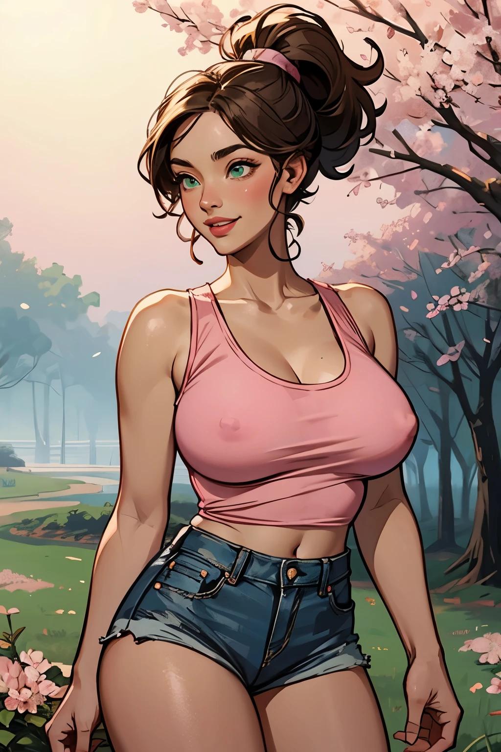 Masterpiece, very beautiful woman, perfect body, (pink tank top :1.3) with lace extremely detailed, wearing a denim shorts, posing for photo, smiling seductively, excited, ponytail dark blonde hair, round face, big green eyes, glitter eyes, slight curvy details, Perfect Round titts, without bra, in a park, cherry blossoms, on the side from a tree, spring day, falling flowers, sunrise light, volumetric sun light, fog, sunbeams
