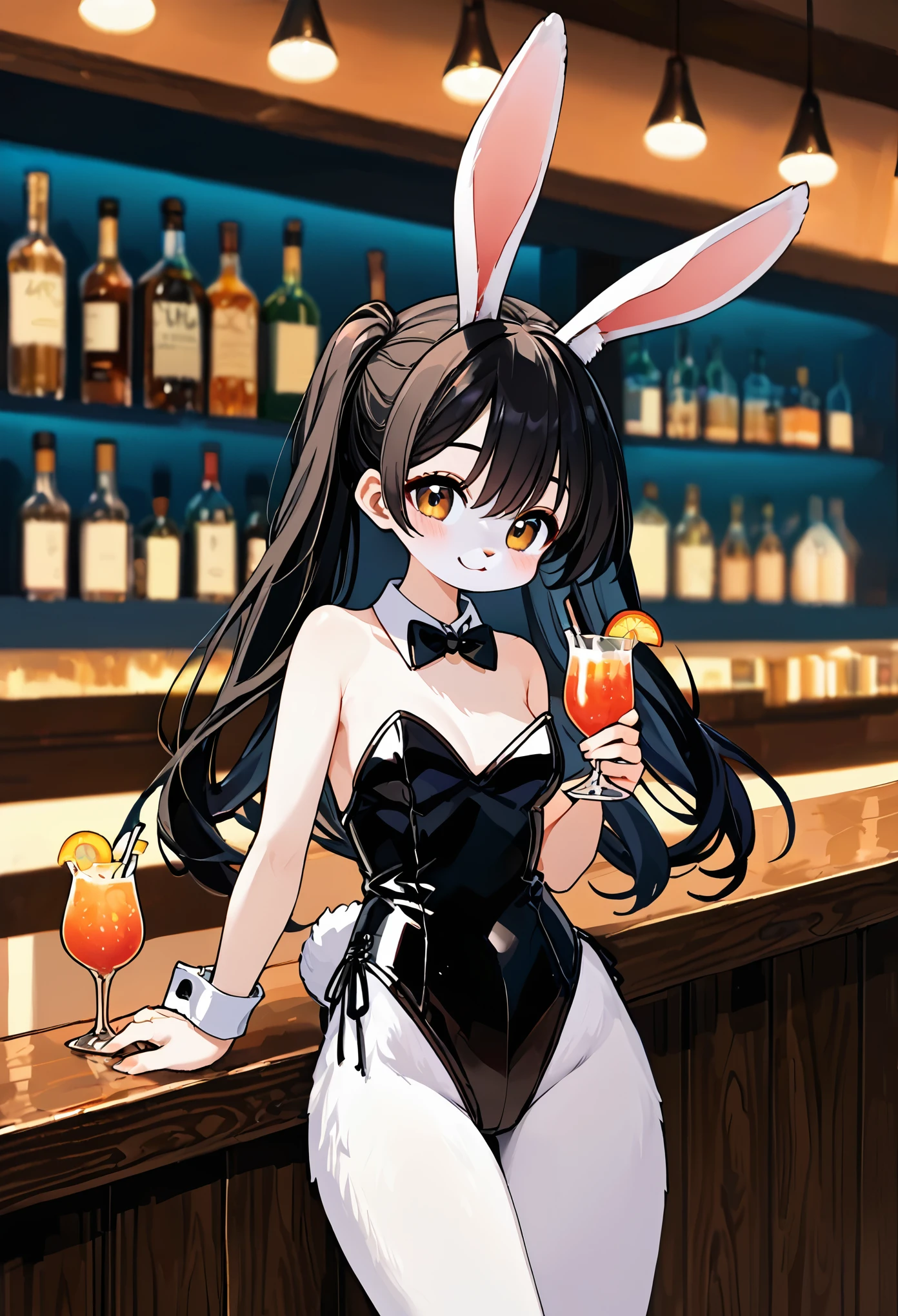 holding cocktail glass, scenery, bar counter, depth of field((blurry background))masterpiece, best quality, absurdres, perfect anatomy(angelic cute 1girl kemono, bunny girl, bunny suit, large breast)(volumetric lighting, Cleavage)(furry anthro, rabbit facial features, rabbit body features, rabbit ear, very detailed body fur)smile, erotic, looking at view,