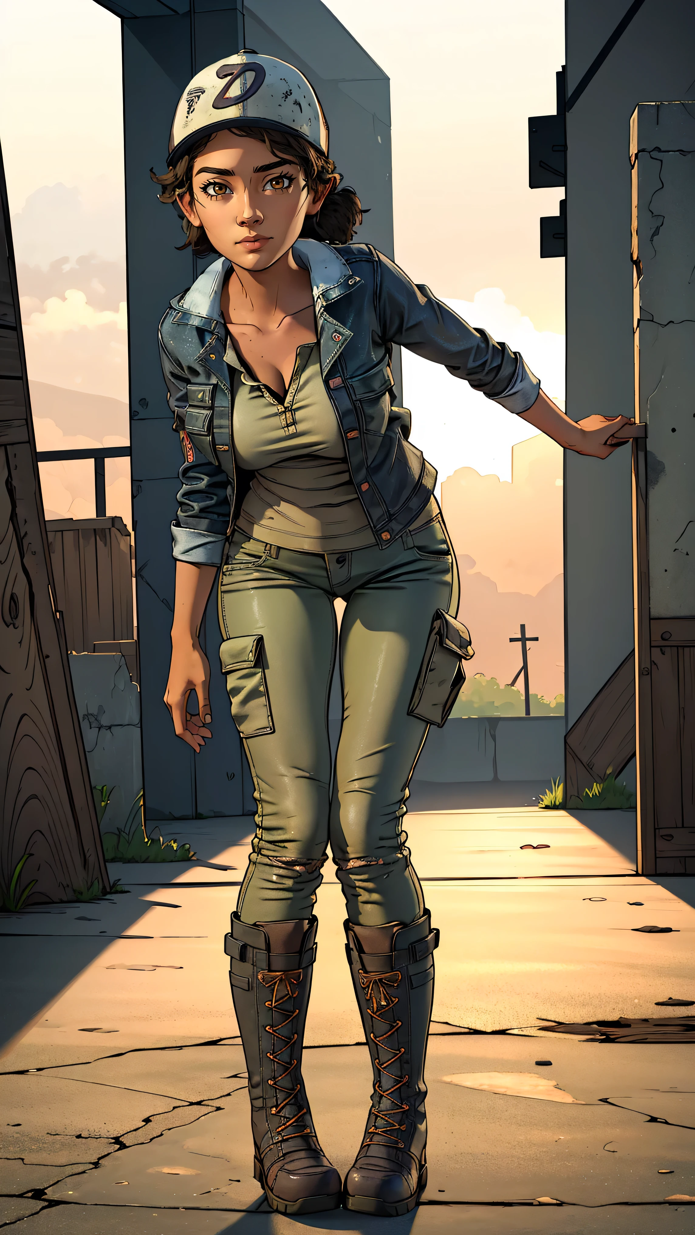 ((masterpiece, best quality)),(complex lighting) ,solo,(((1girl))) ,clementine, light skin,light-skinned female, baseball cap, green cargo pants, brown eyes, tight pants, combat boots, shirt, short hair, one short ponytail, open denim jacket, huge butt, thicc butt , (((8k))), (((full body))), (((bent over))), (((looking at the viewer))), (((view from in front of her))), big breasts