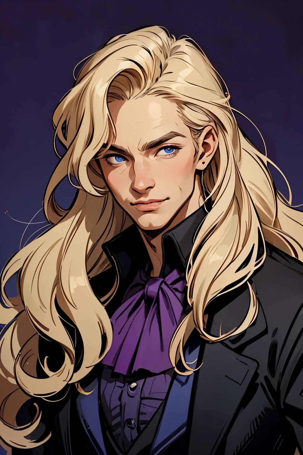 
((man)) (male), perfect face, evil smile, insane, crazy, Black coat, black suit, one young male, beautiful long hair, blond hair, blue eyes, purple victorian shirt, purple jabot, beautiful face, Pure blond straight hair, (long hair), Detailed hair.