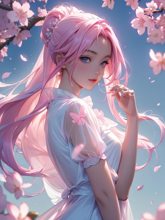 (Highly Detailed CG Unity 8K Wallpaper) (Better Quality) (Better lighting) (an extremely delicate and beautiful) (floating) (beautiful) (Spring atmosphere) (One girl) (Long pink hair), (hair band), (detailed and beautiful blue eyes), ((Very short white dress, pink race underside), (race), ((Lightweight and transparent silk))), (Cherry blossom petals), (butterfly), (Depth of written boundary), (Volumetric Light) Cinema Lighting, chromatic aberration, Sony FEGM, Textured skin, Attention to detail, High resolution, 8k