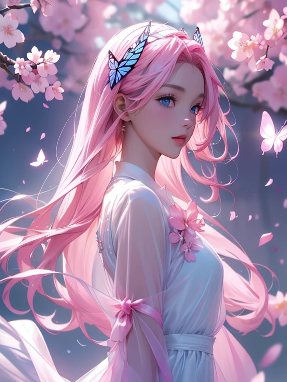 (Highly Detailed CG Unity 8K Wallpaper) (Better Quality) (Better lighting) (an extremely delicate and beautiful) (floating) (beautiful) (Spring atmosphere) (One girl) (Long pink hair), (hair band), (detailed and beautiful blue eyes), ((Very short white dress, pink race underside), (race), ((Lightweight and transparent silk))), (Cherry blossom petals), (butterfly), (Depth of written boundary), (Volumetric Light) Cinema Lighting, chromatic aberration, Sony FEGM, Textured skin, Attention to detail, High resolution, 8k