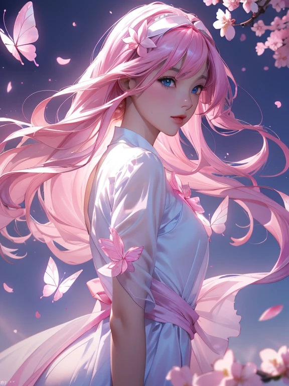 (Highly Detailed CG Unity 8K Wallpaper) (Better Quality) (Better lighting) (an extremely delicate and beautiful) (floating) (beautiful) (Spring atmosphere) (One girl) (Long pink hair), (hair band), (detailed and beautiful blue eyes), ((Very short white dress, pink race underside), (race), ((Lightweight and transparent silk))), (Cherry blossom petals), (butterfly), (Depth of written boundary), (Volumetric Light) Cinema Lighting, chromatic aberration, Sony FEGM, Textured skin, Attention to detail, High resolution, 8k